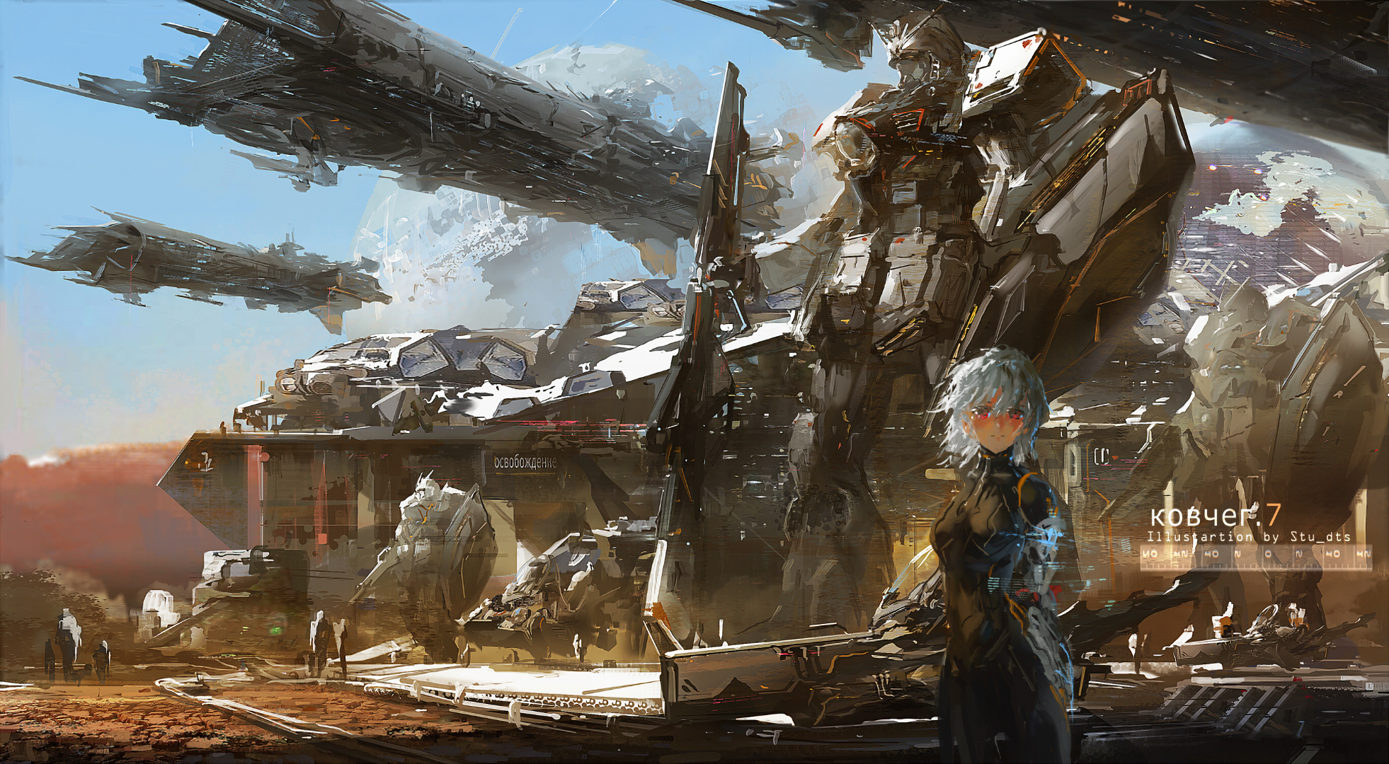 Rei Ayanami and giant mechs at a spaceport HD Wallpaper