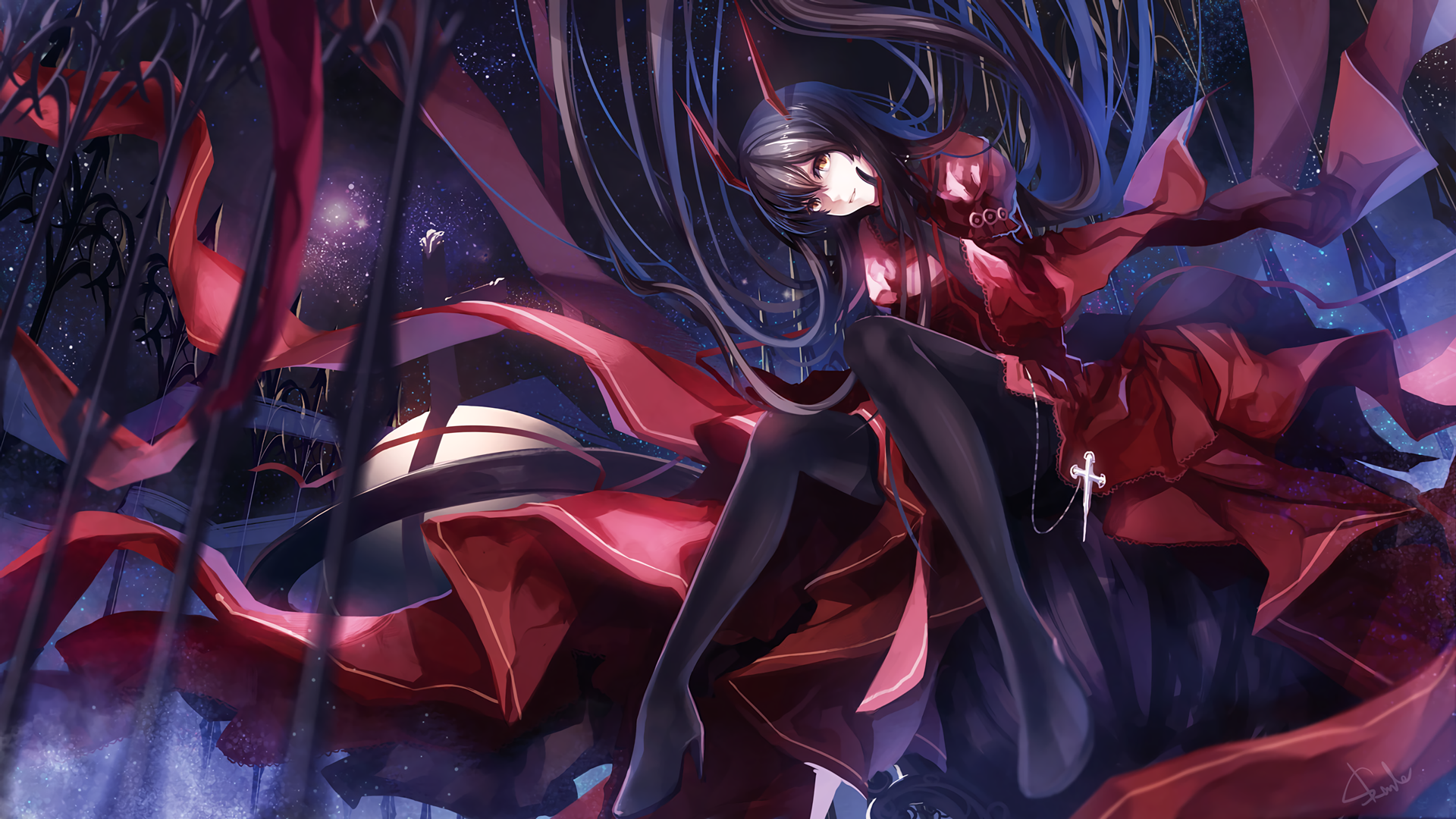 Anime girl with long black hair and red dress HD Wallpaper