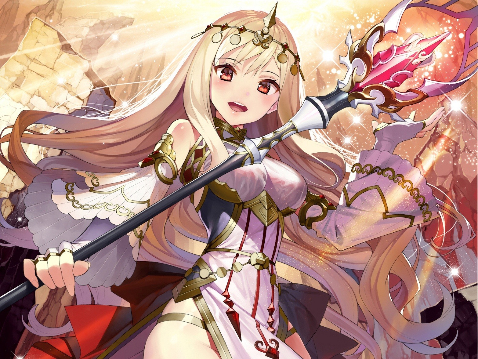Anime girl with blonde hair holding a staff HD Wallpaper