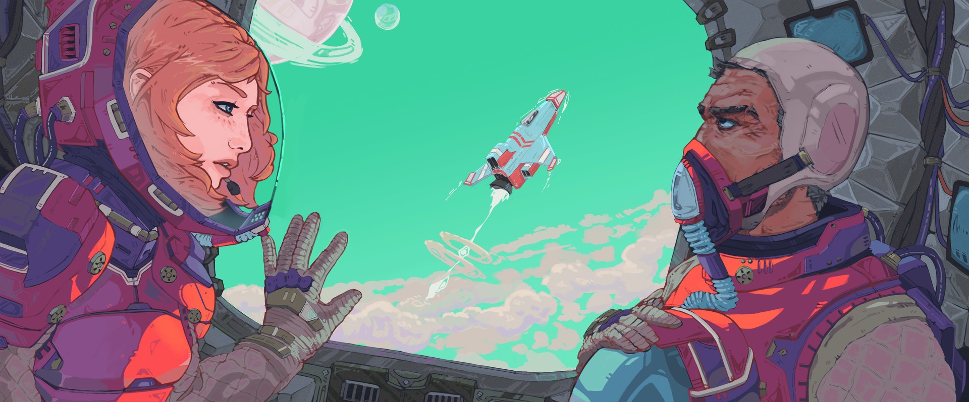 Astronauts in a spaceship looking at a rocket launch HD Wallpaper