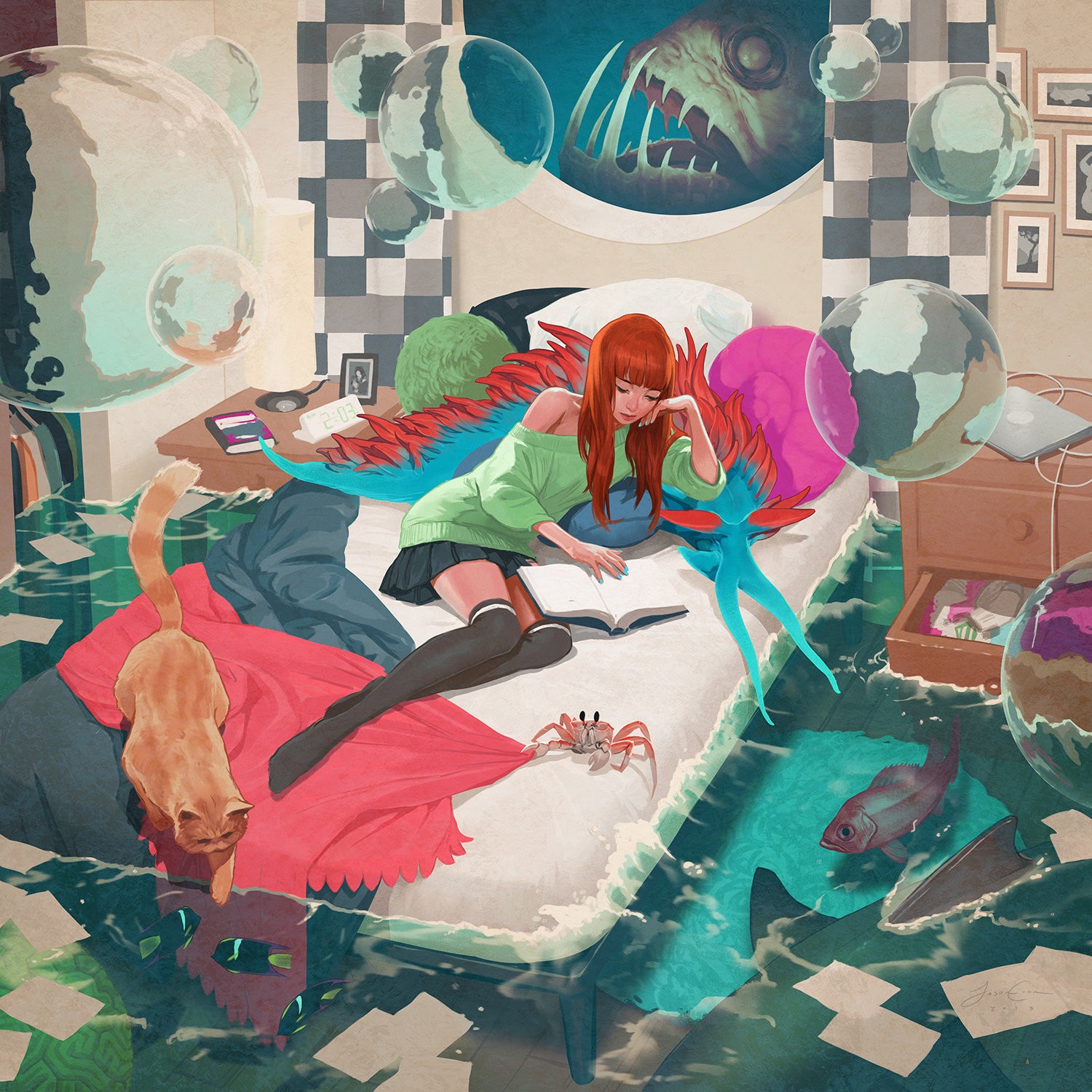 Surreal Bedroom with Girl, Cat, and Underwater Elements HD Wallpaper