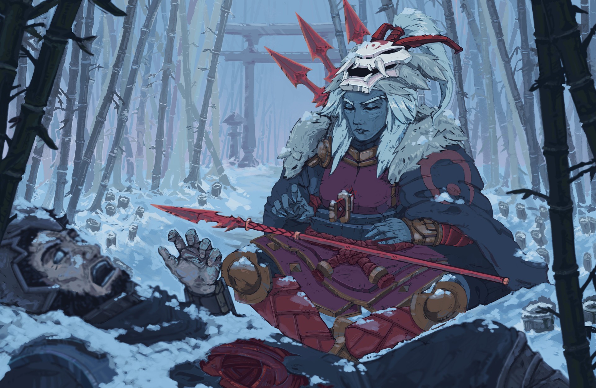 Blue-skinned warrior with a mask in a snowy bamboo forest HD Wallpaper