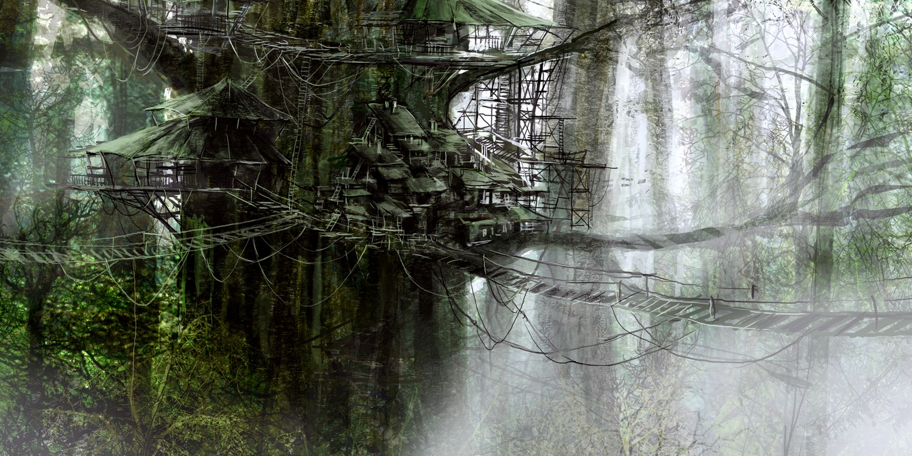 Fantasy art of a tree house village in a forest HD Wallpaper