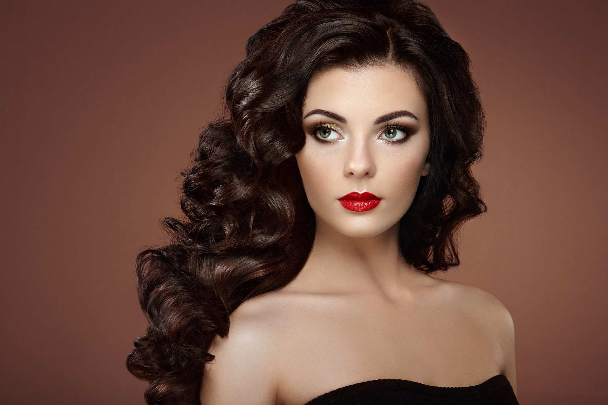 Woman with long dark curly hair and red lipstick HD Wallpaper