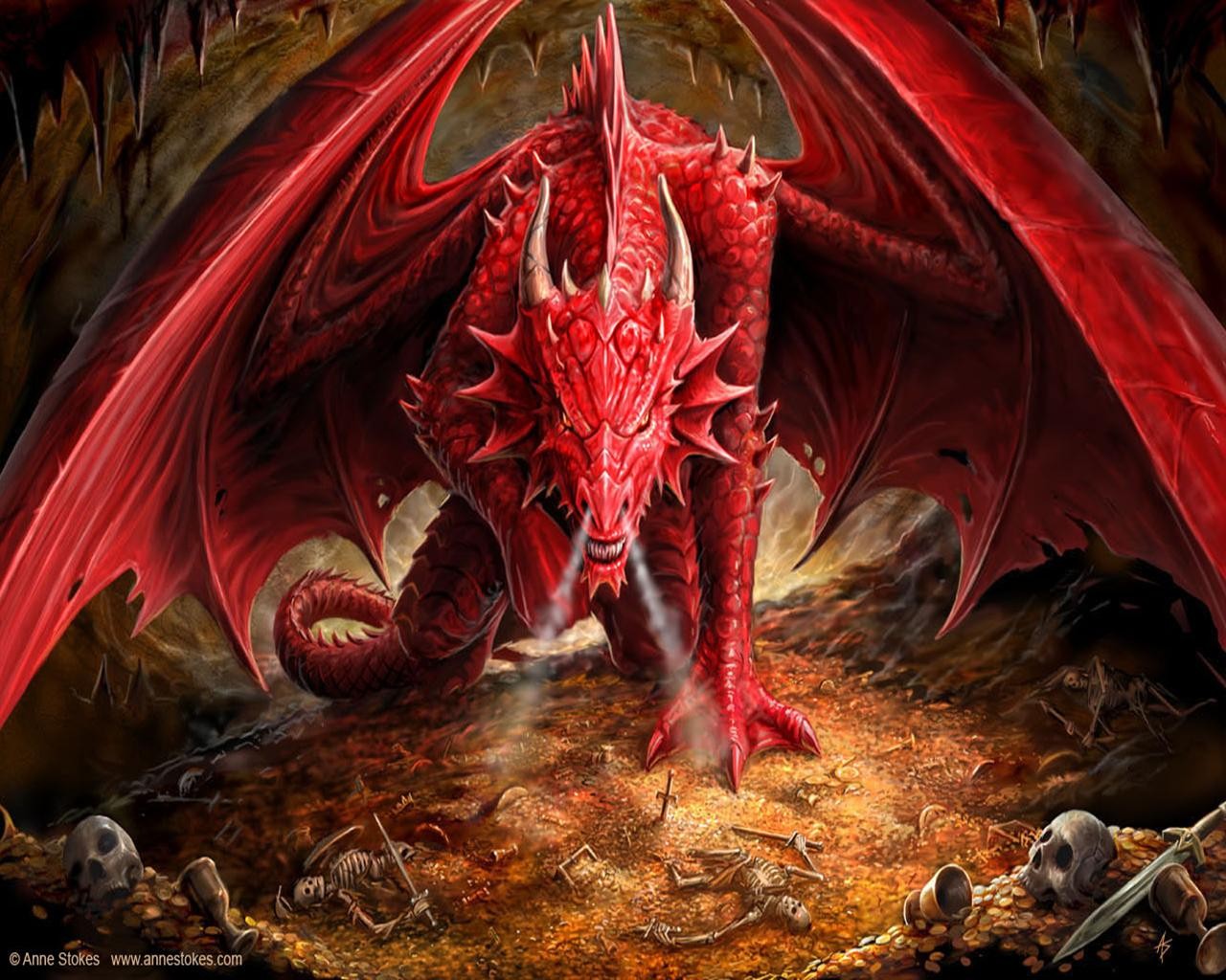 Red Dragon guarding a hoard of treasure and skeletons HD Wallpaper