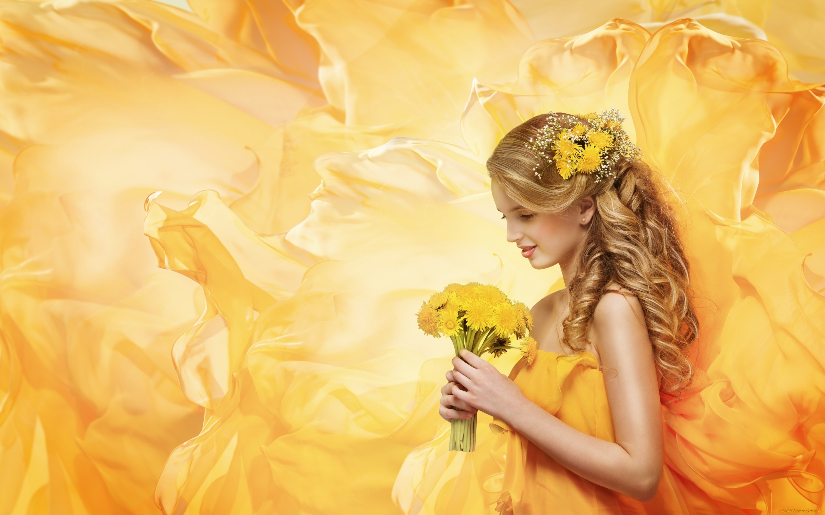 Woman with Dandelions in Yellow Dress HD Wallpaper