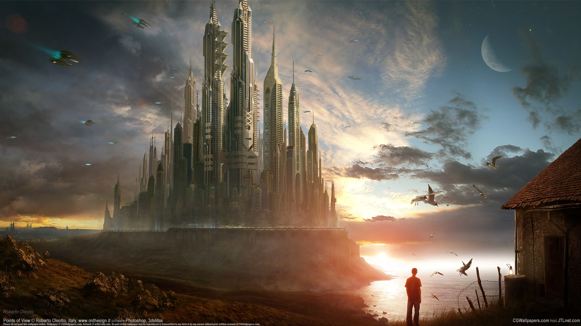 Futuristic Cityscape with Flying Vehicles at Sunset HD Wallpaper