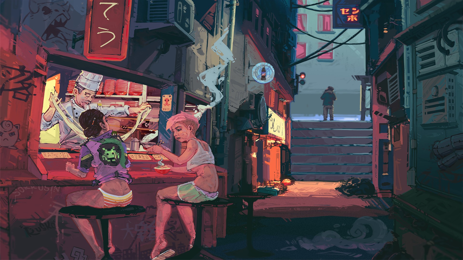 Cyberpunk ramen stand with people eating and chef preparing food HD Wallpaper