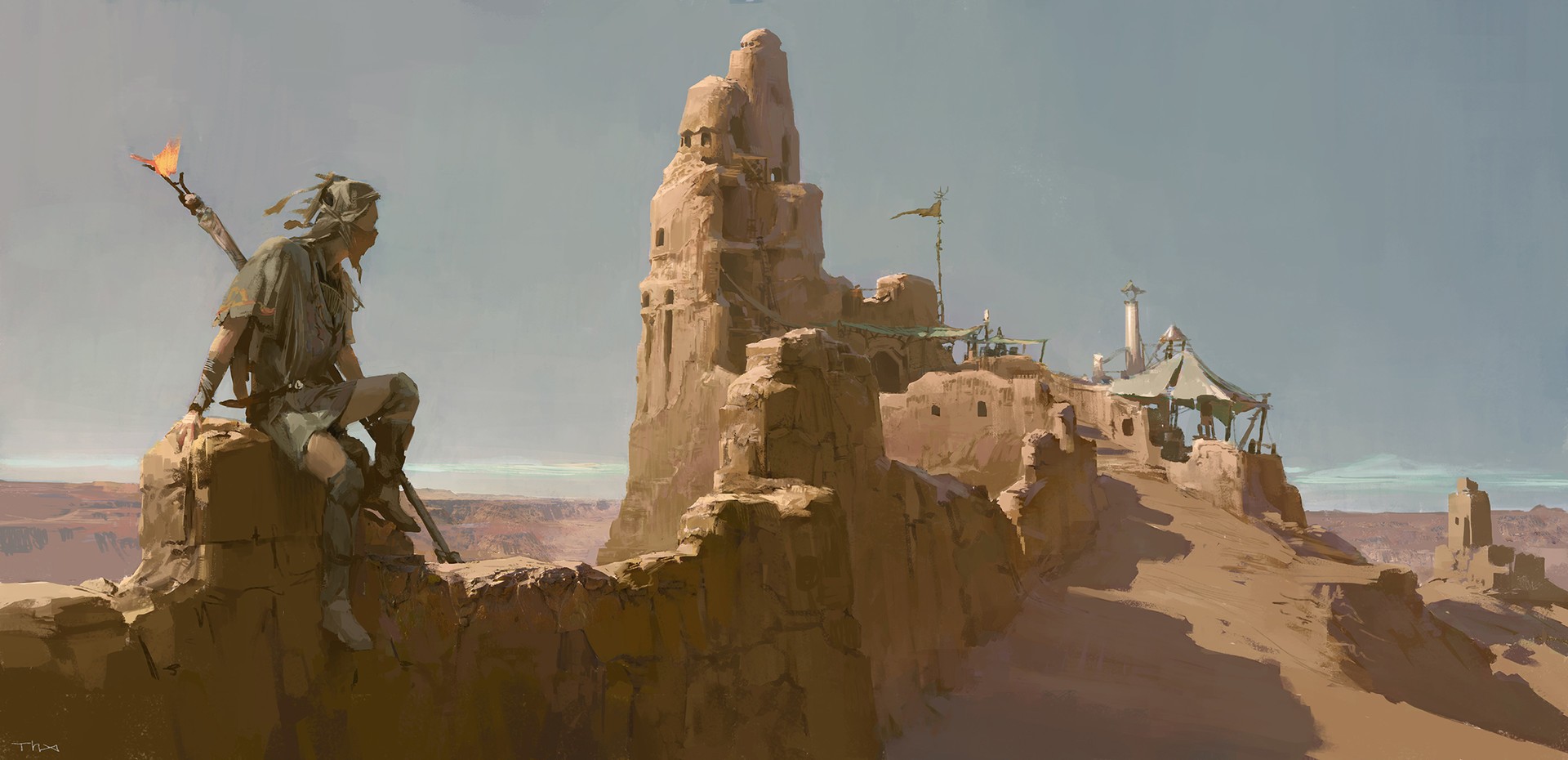 Fantasy art of a warrior overlooking a desert settlement HD Wallpaper