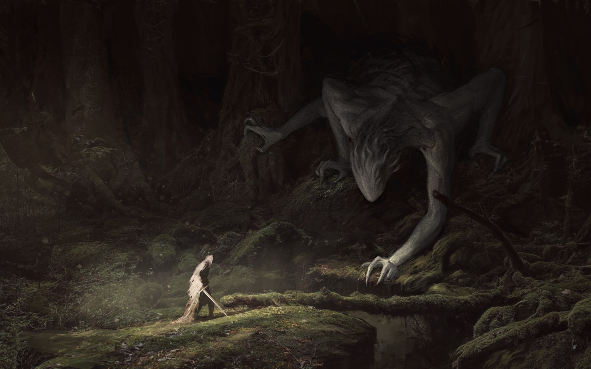 Fantasy art of a creature and a warrior in a forest HD Wallpaper
