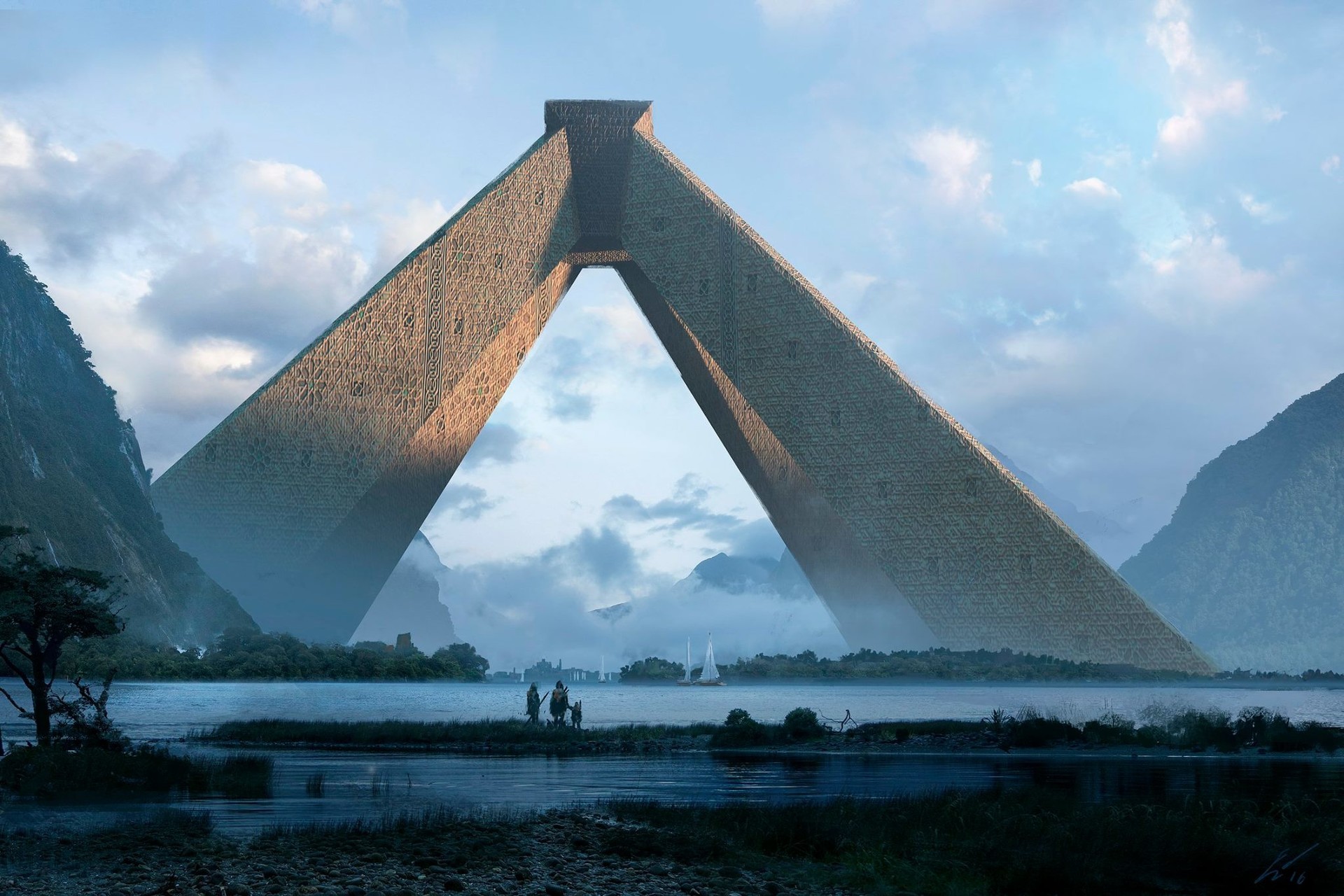 Fantasy pyramid structure over a lake with mountains HD Wallpaper
