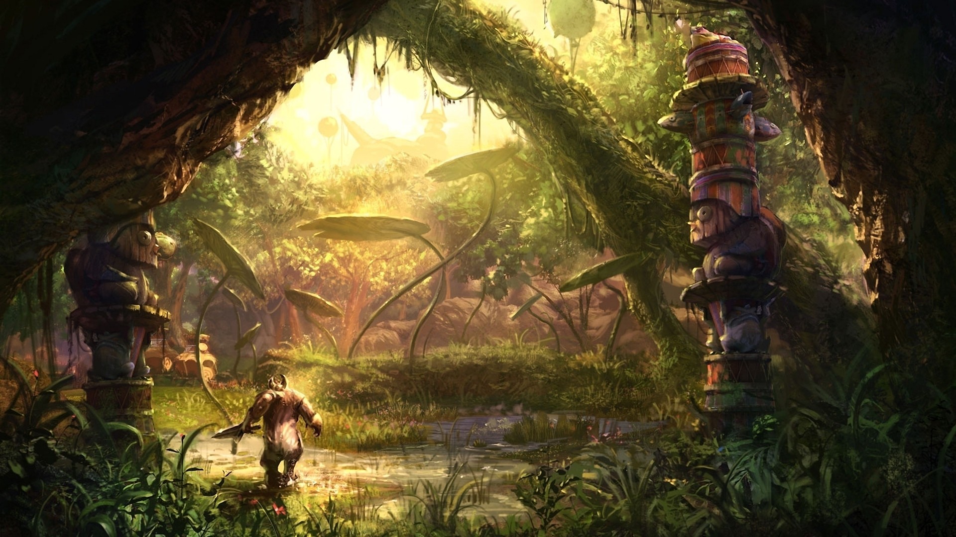 Creature in a fantasy forest with monuments HD Wallpaper