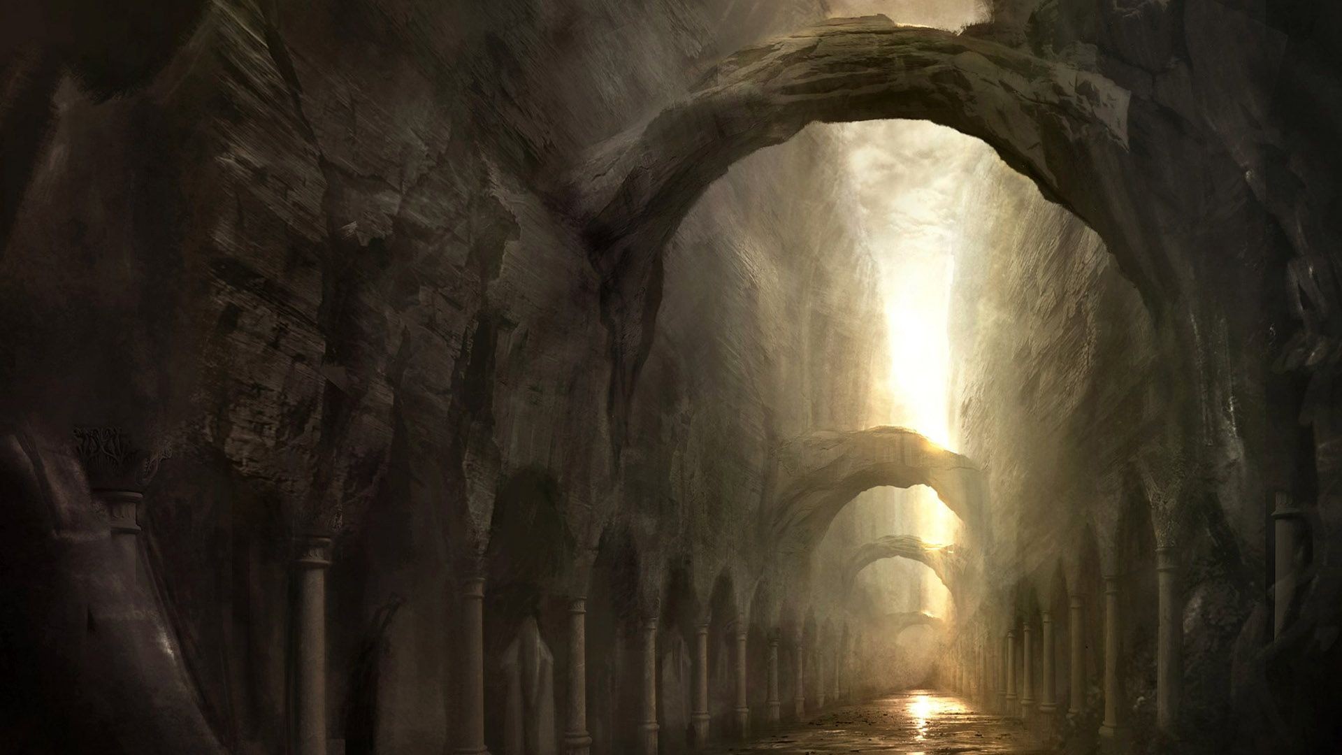 Fantasy cave with arches and sunlight HD Wallpaper