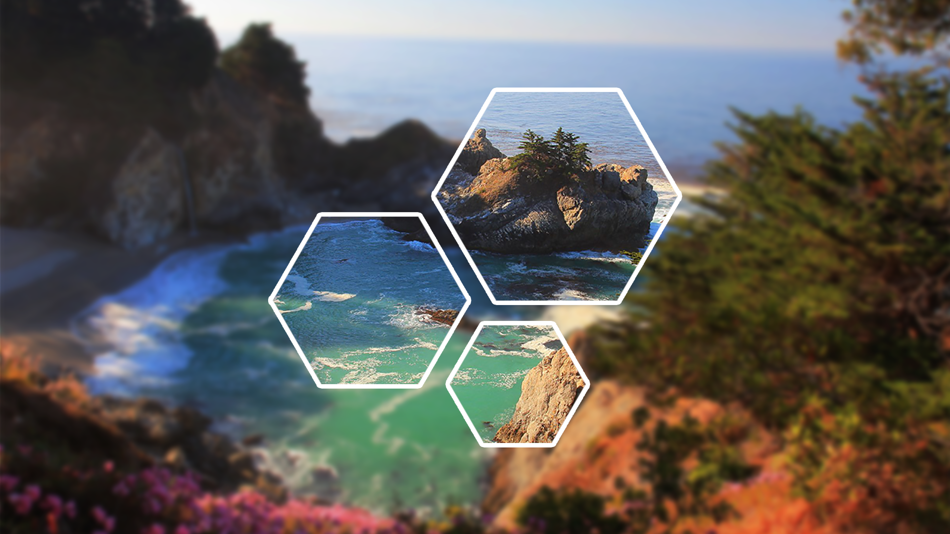 Hexagonal overlays on a coastal landscape HD Wallpaper
