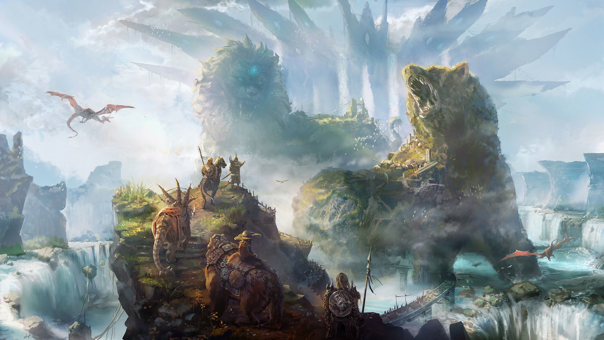 Fantasy landscape with dragons and travelers HD Wallpaper