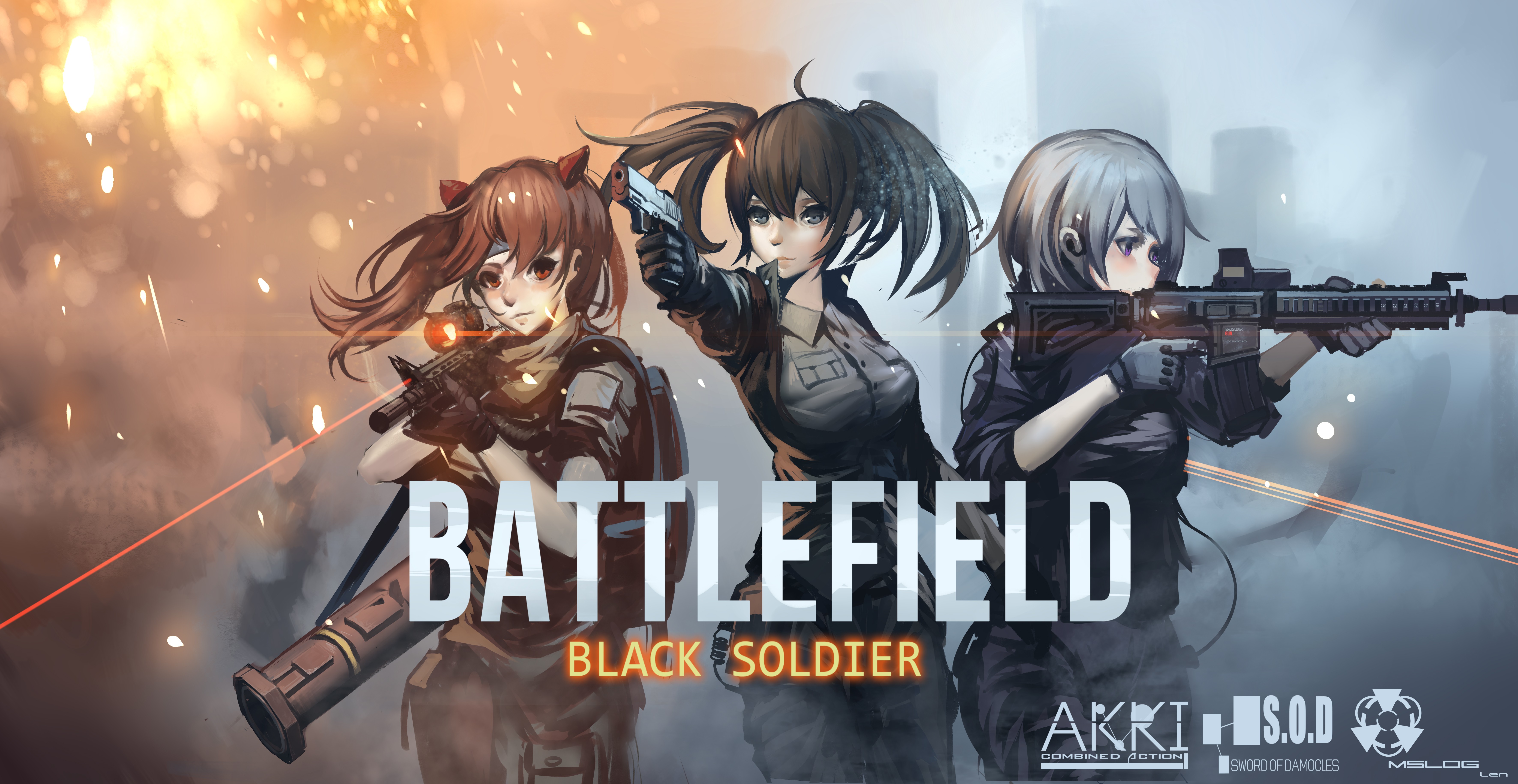 Battlefield Black Soldier Anime Girls with Weapons HD Wallpaper