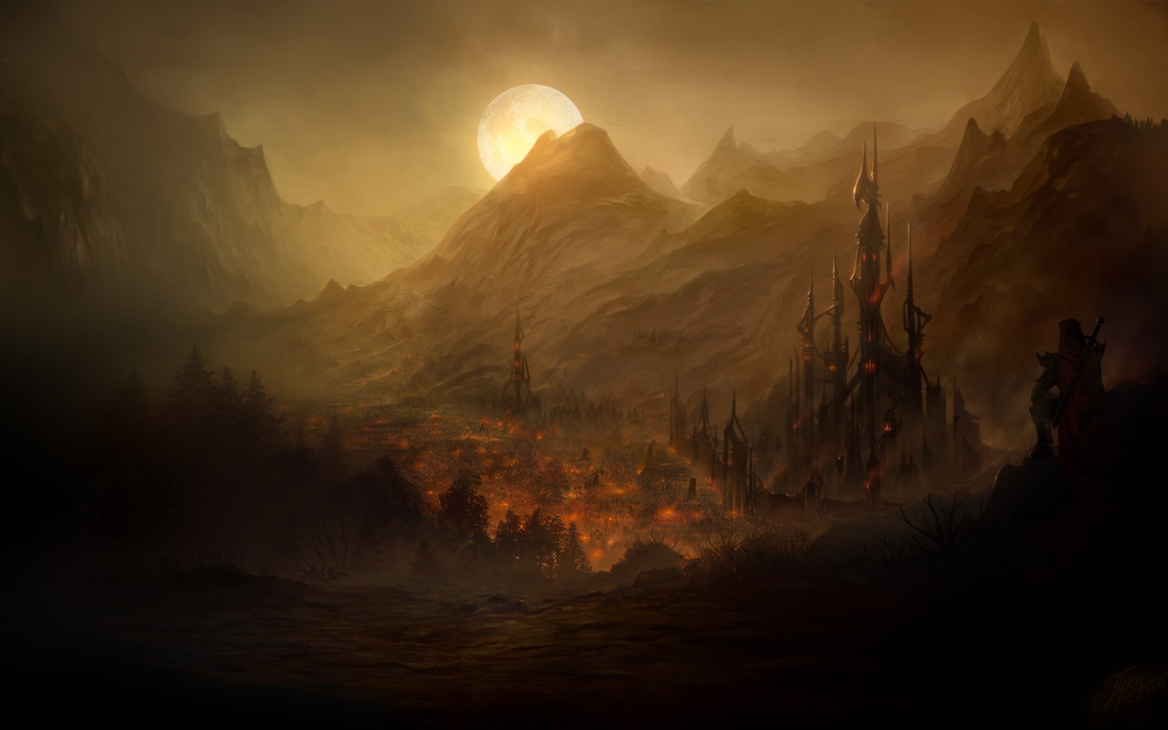 Fantasy artwork of a burning city in mountains at sunset HD Wallpaper