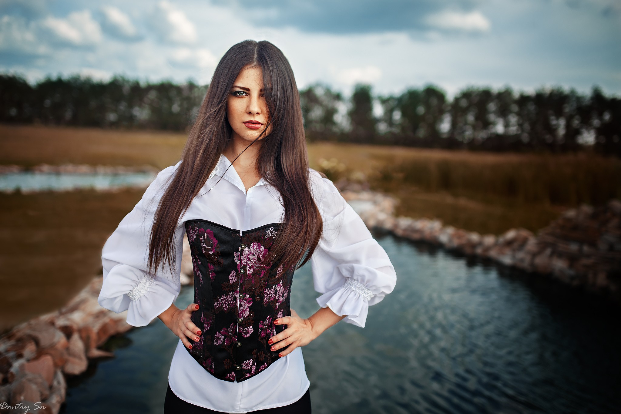 Woman in corset and white shirt outdoors HD Wallpaper