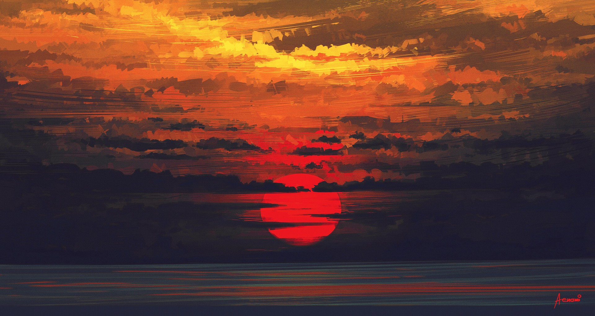 Dramatic sunset over the ocean with fiery clouds HD Wallpaper