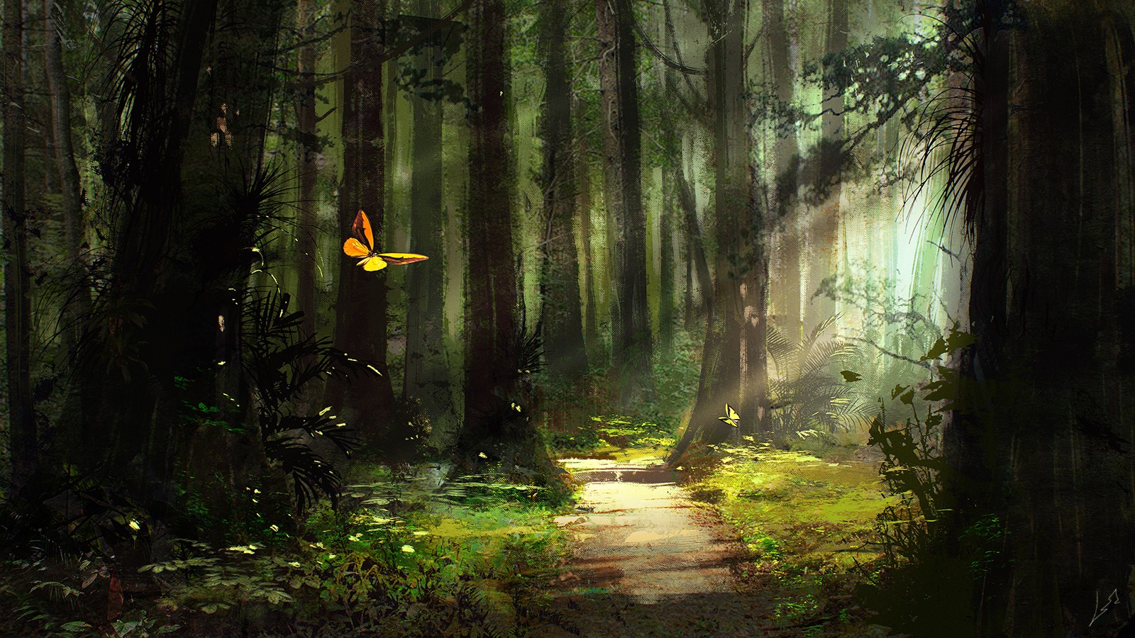 Fantasy art of a forest path with butterflies and sunlight HD Wallpaper