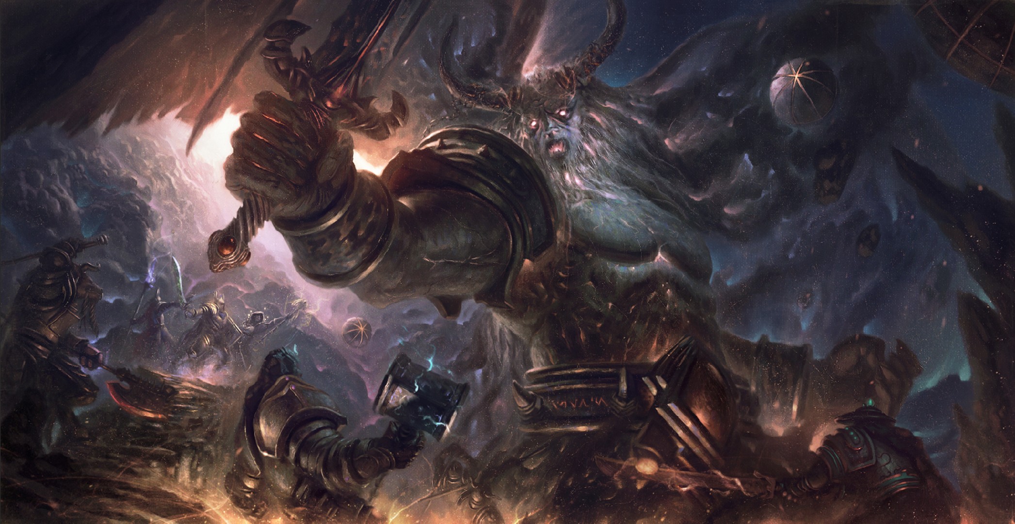 Sargeras in battle with warriors in a cosmic landscape HD Wallpaper