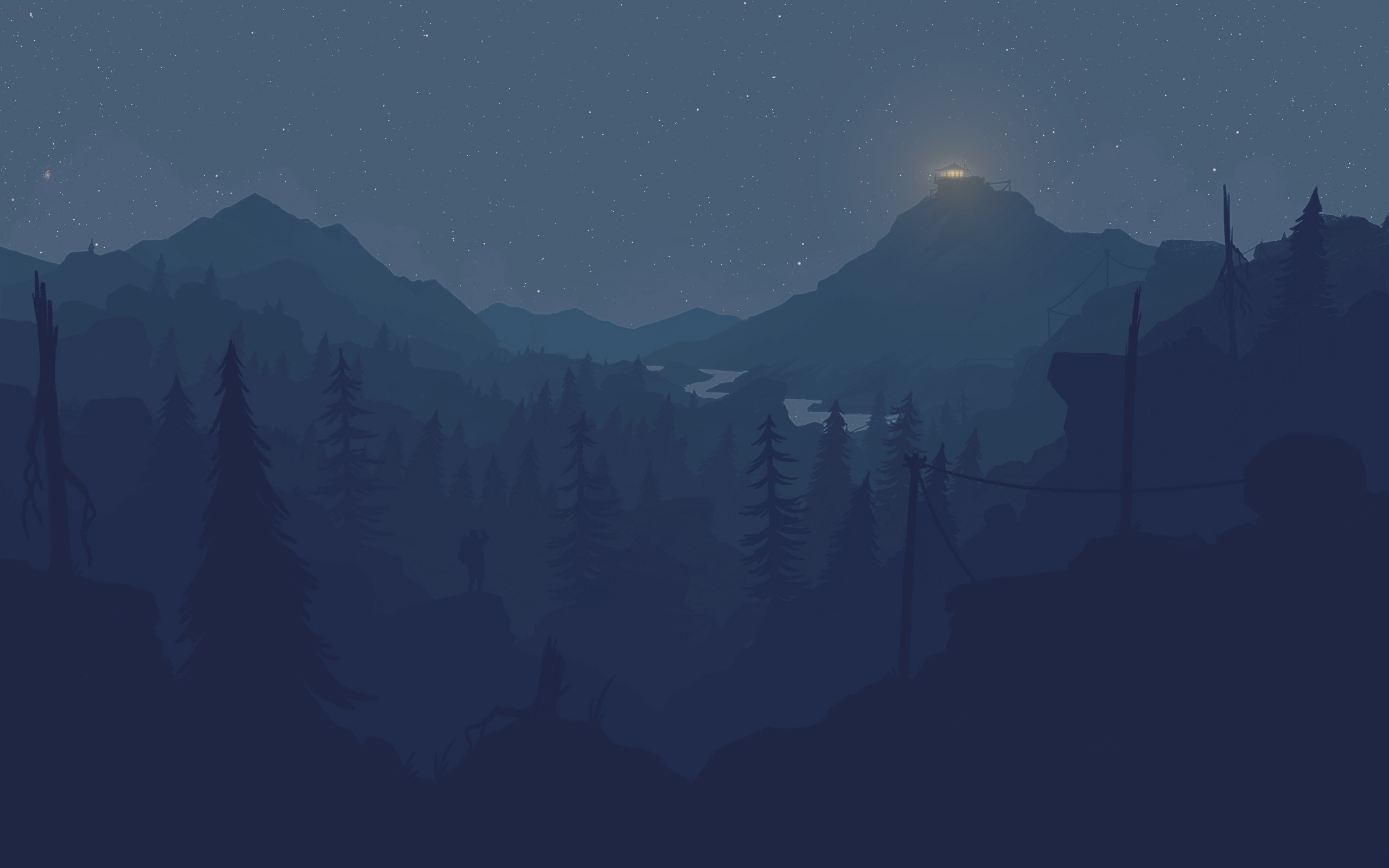 Firewatch landscape at night with a lit tower HD Wallpaper