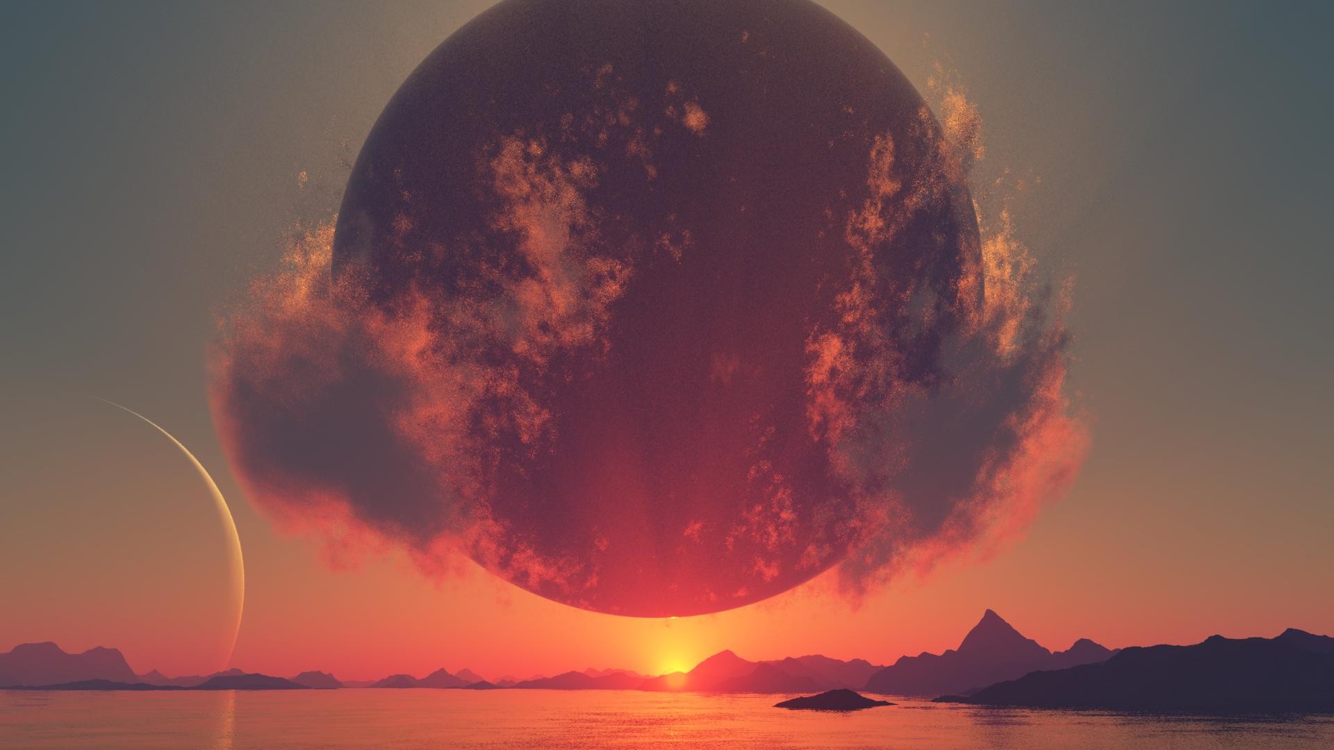 Alien planet landscape with two moons at sunset HD Wallpaper