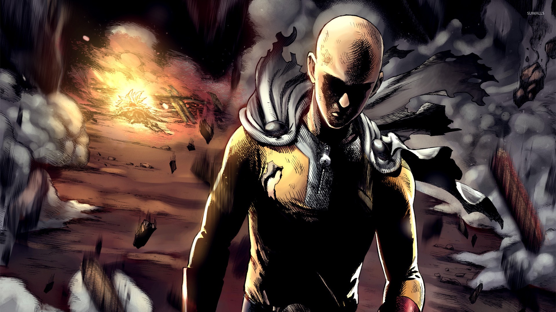 Saitama from One-Punch Man in a destroyed landscape HD Wallpaper