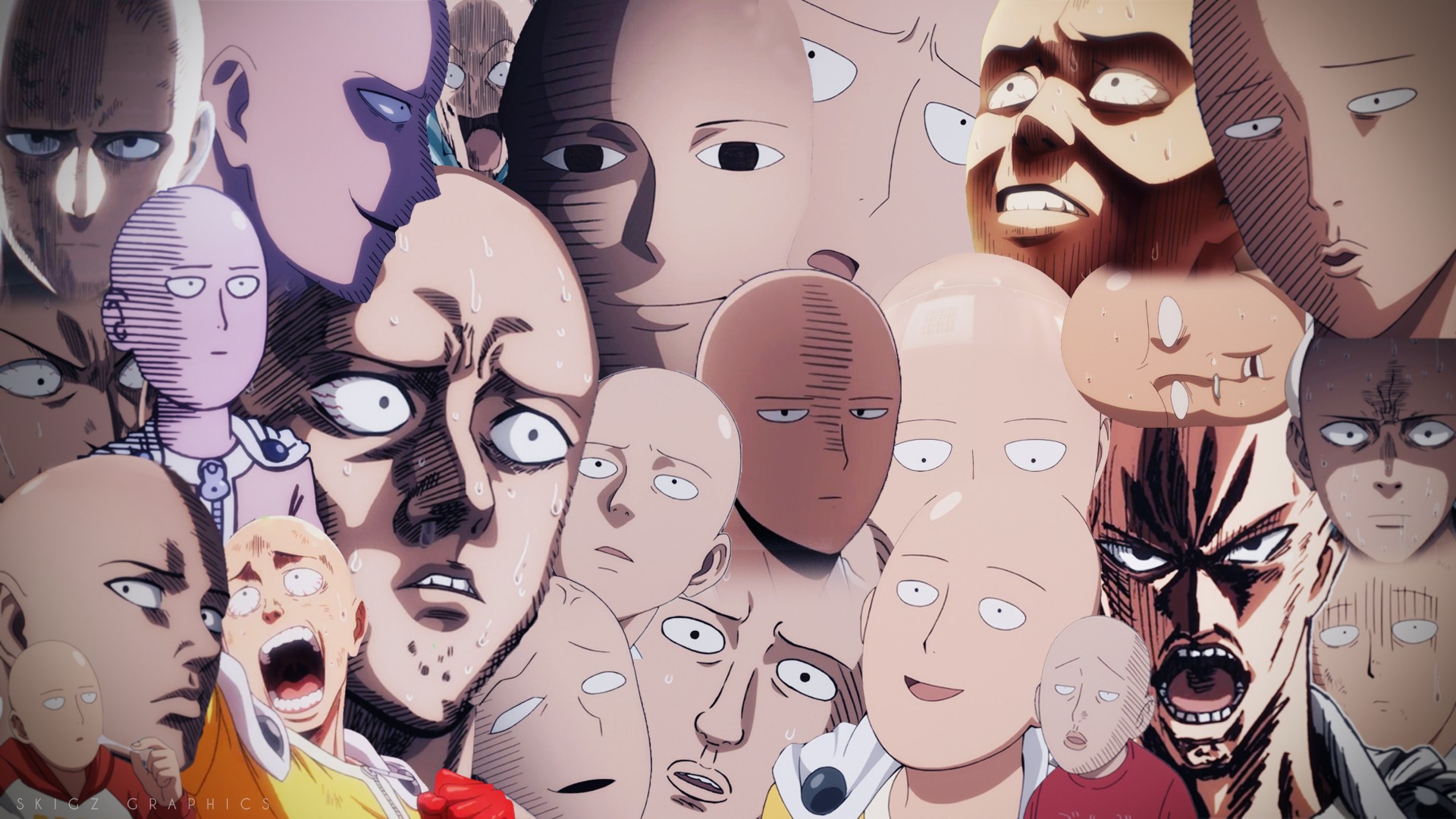 Collage of Saitama's Faces from One-Punch Man HD Wallpaper