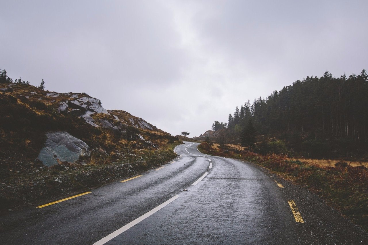 Winding road through a forest and rocky landscape HD Wallpaper