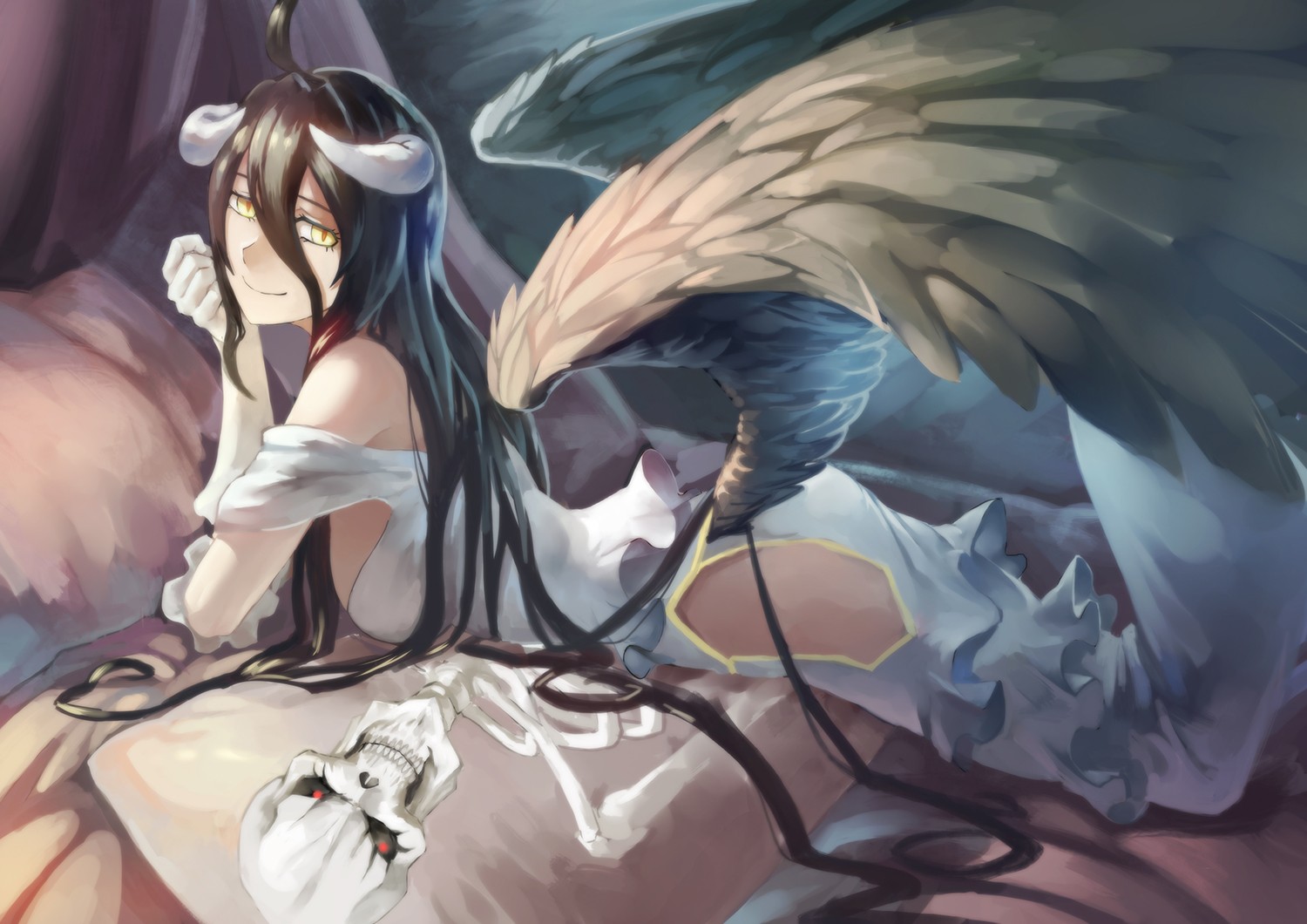 Albedo with wings lying on a bed with a skeleton HD Wallpaper