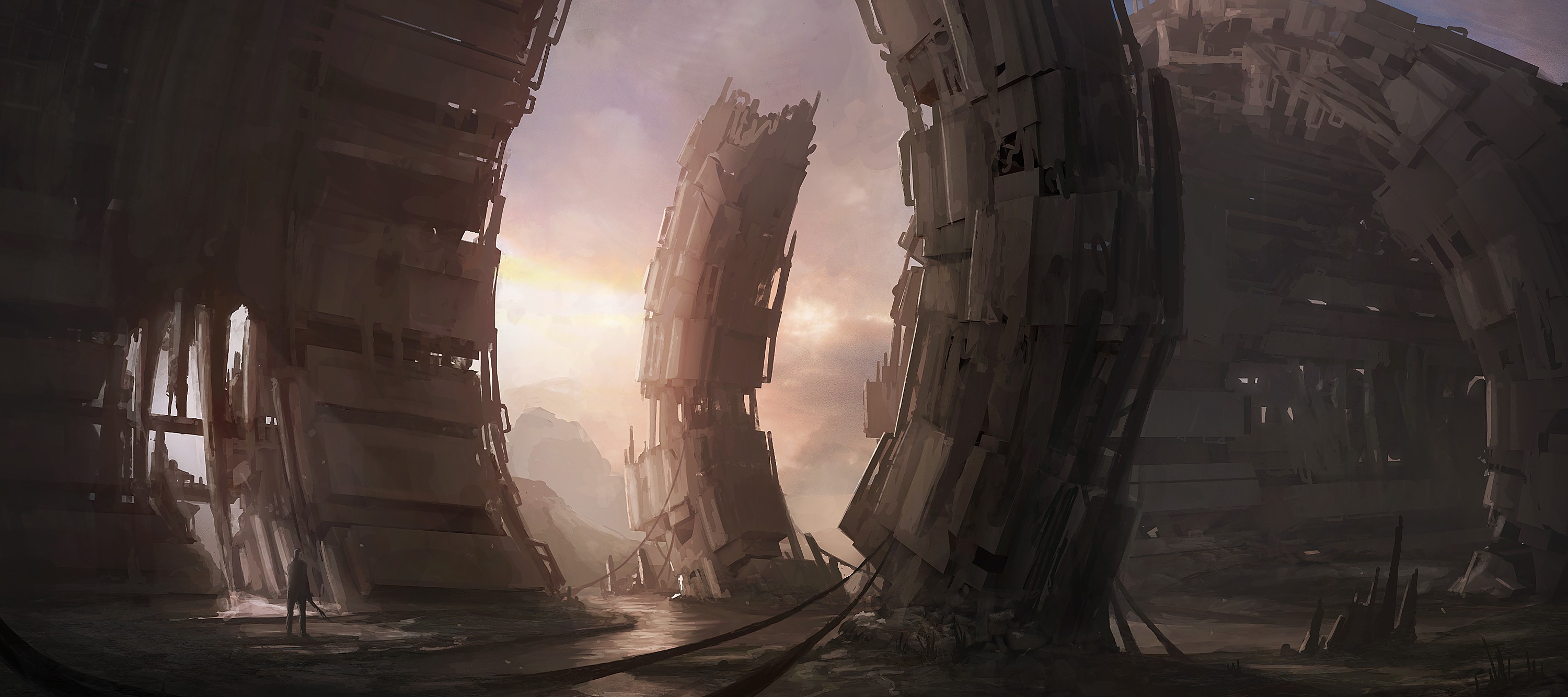 Ruined futuristic structures in a desolate landscape HD Wallpaper
