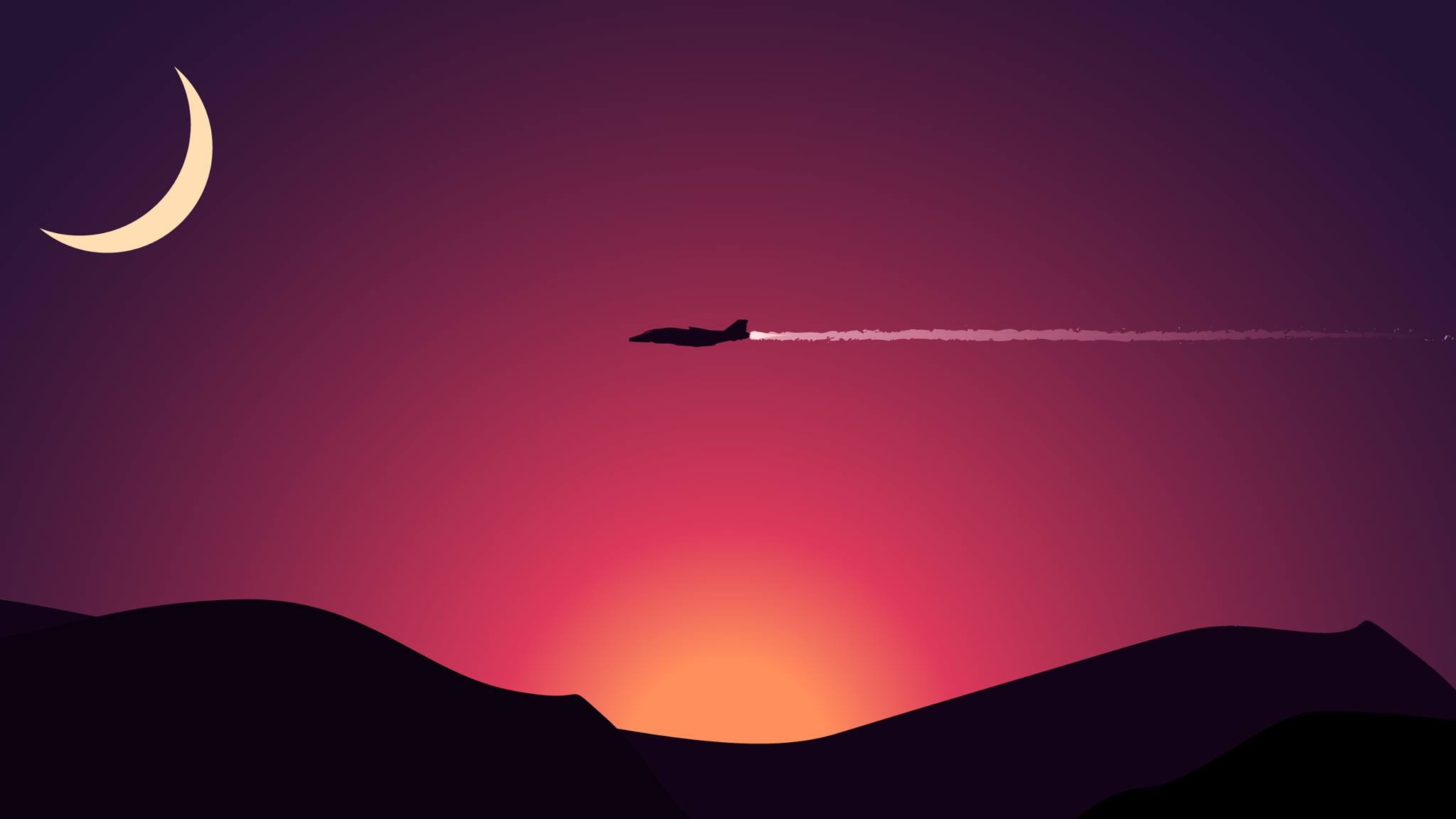 Minimalist jet plane flying at sunset with moon HD Wallpaper