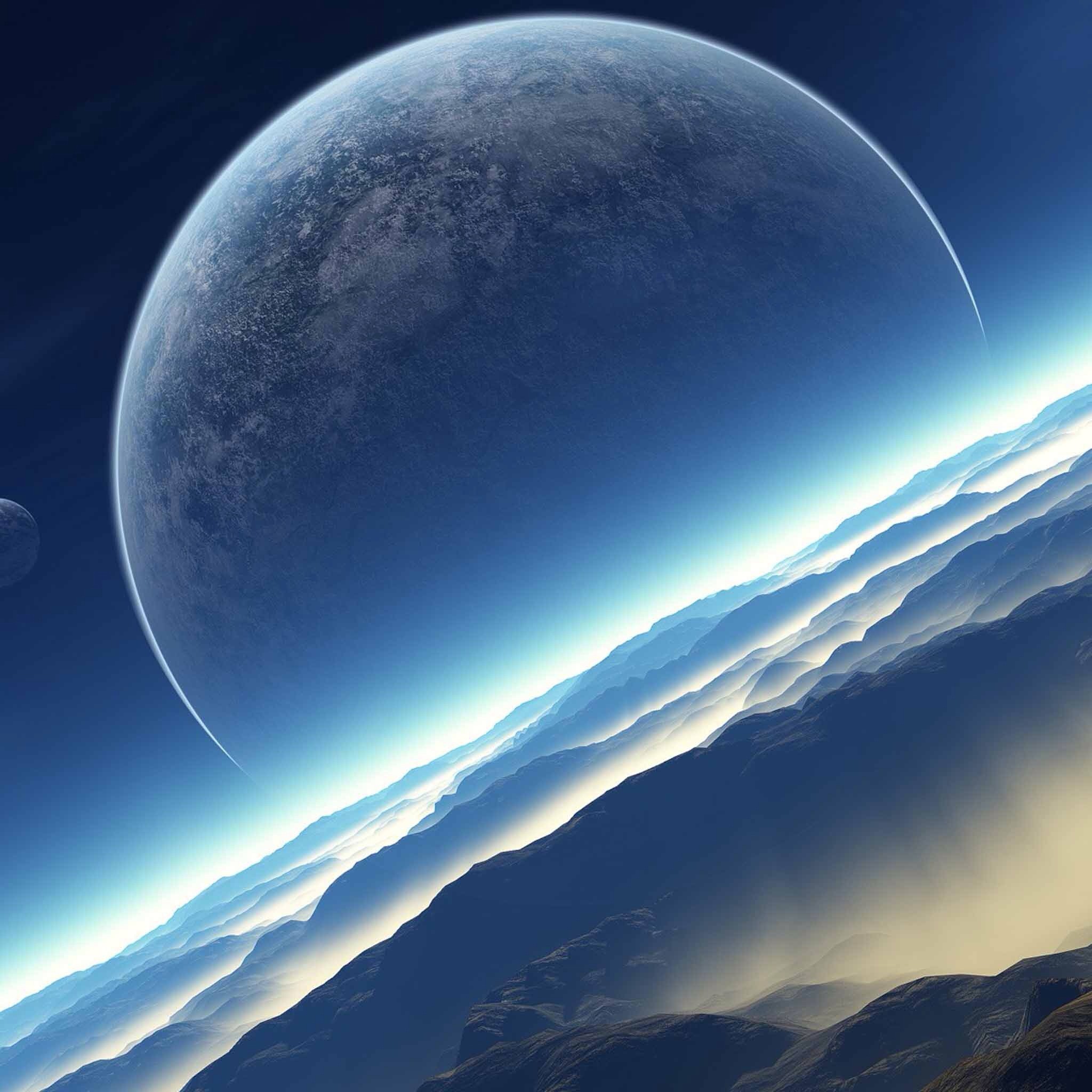 Planet and mountains in outer space HD Wallpaper