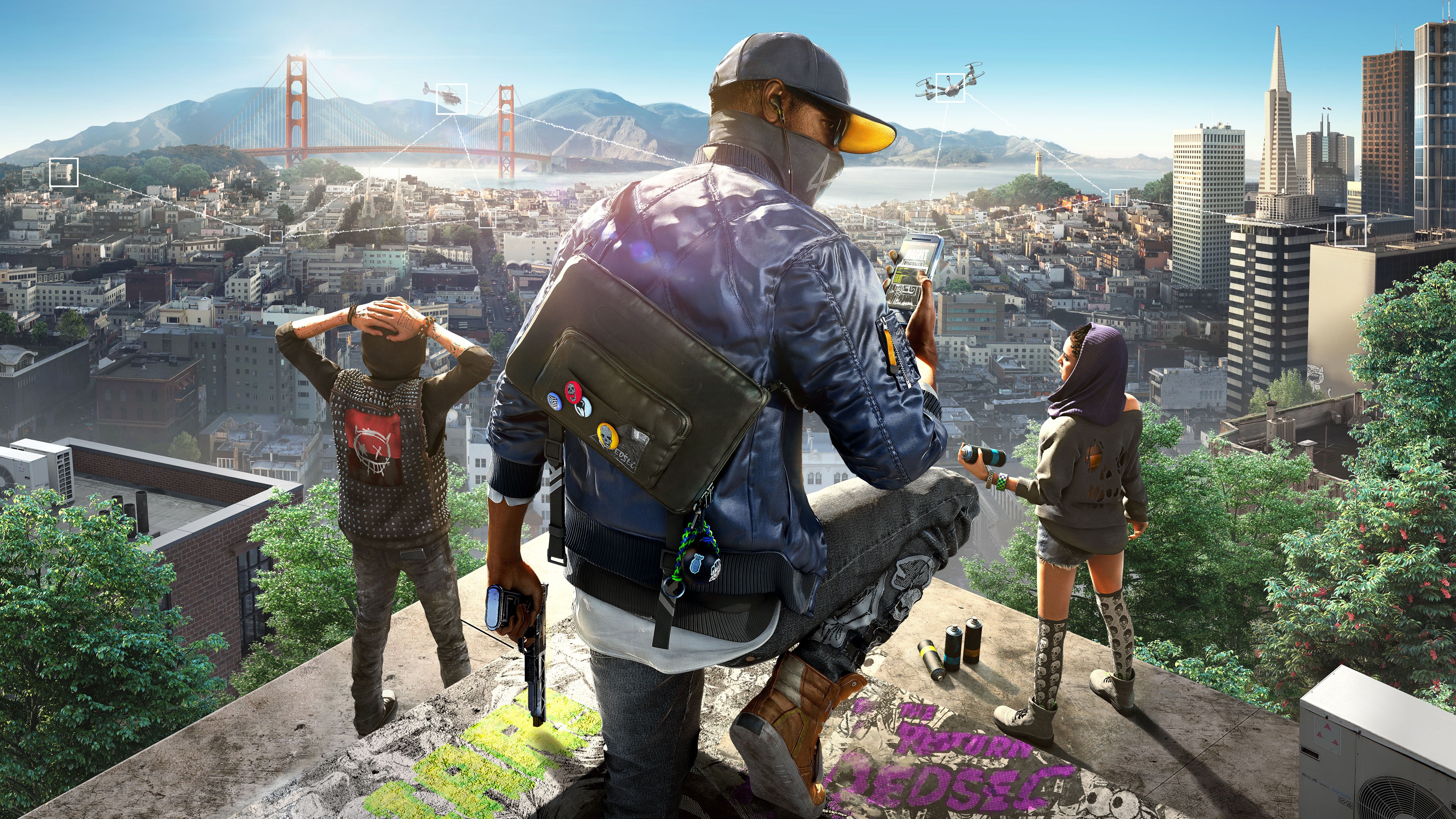 Watch Dogs 2 characters overlooking San Francisco HD Wallpaper