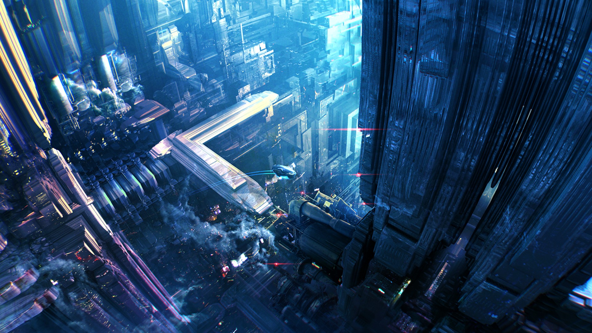 Futuristic city with flying vehicle HD Wallpaper