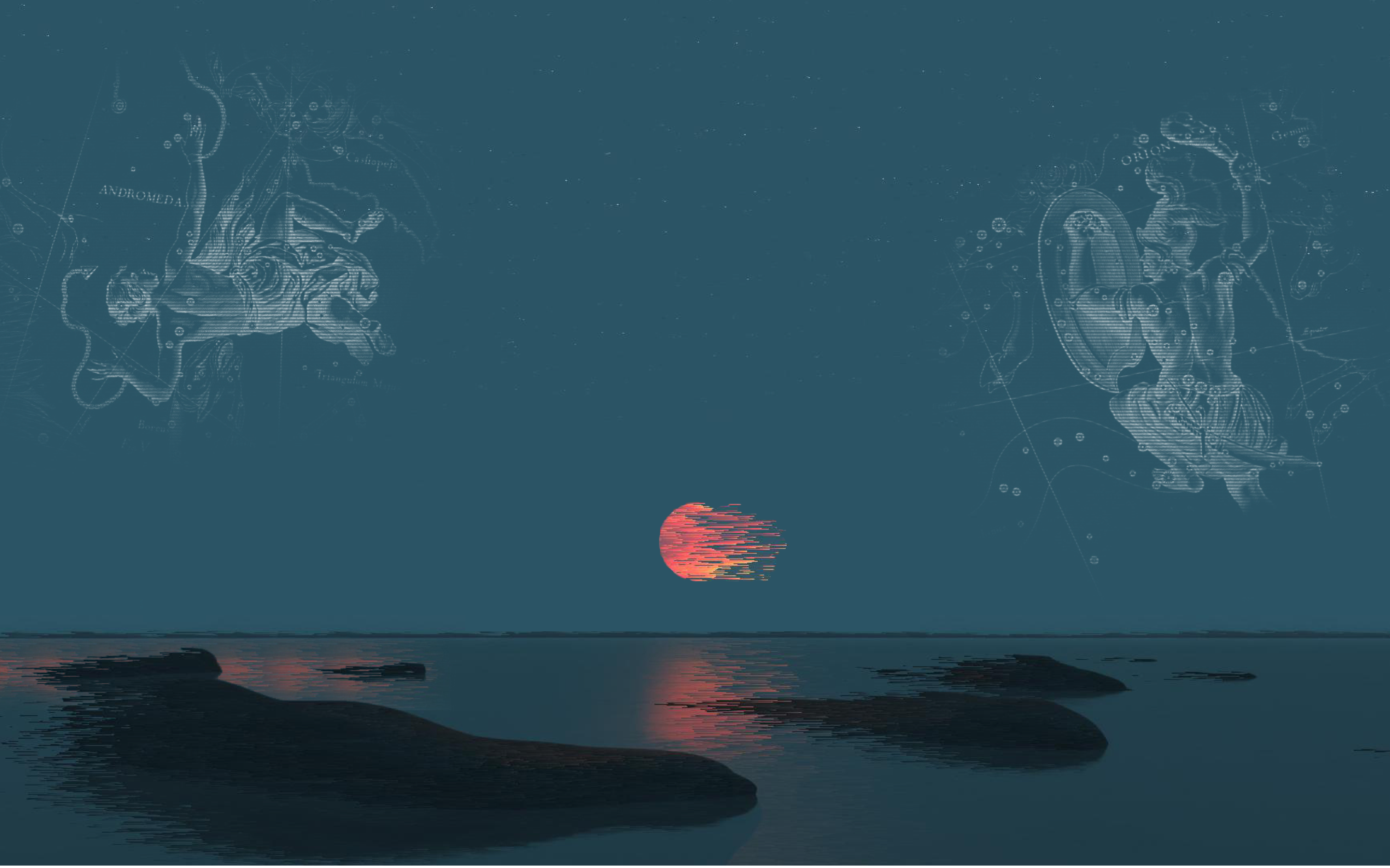 Andromeda and Orion constellations over a surreal sunset sea HD Wallpaper