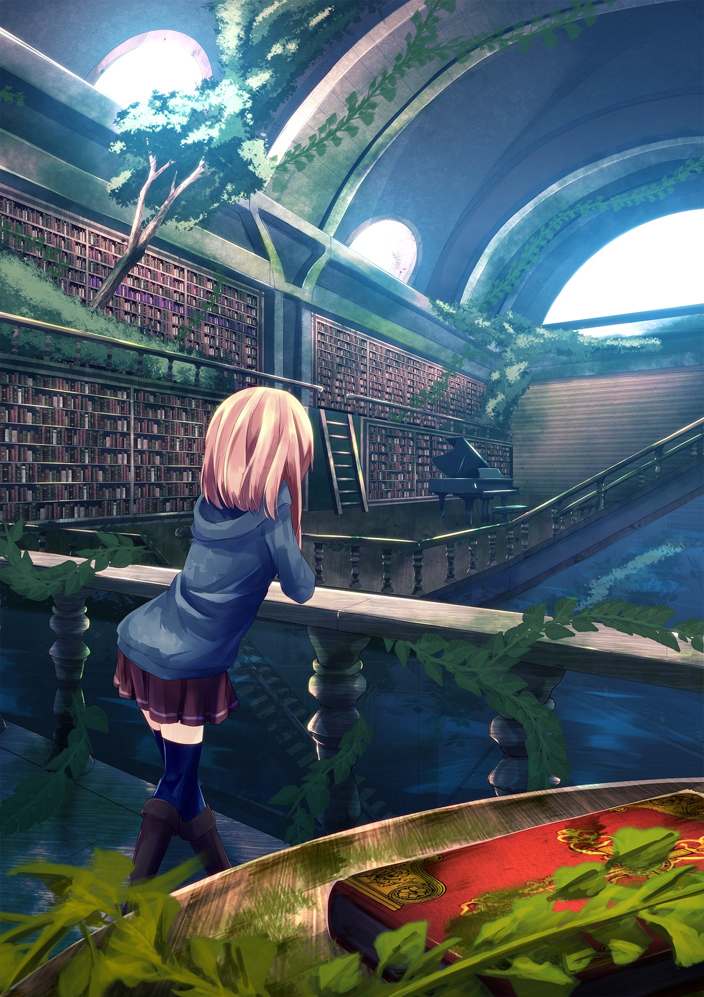 Anime girl in a grand, overgrown library with a piano HD Wallpaper