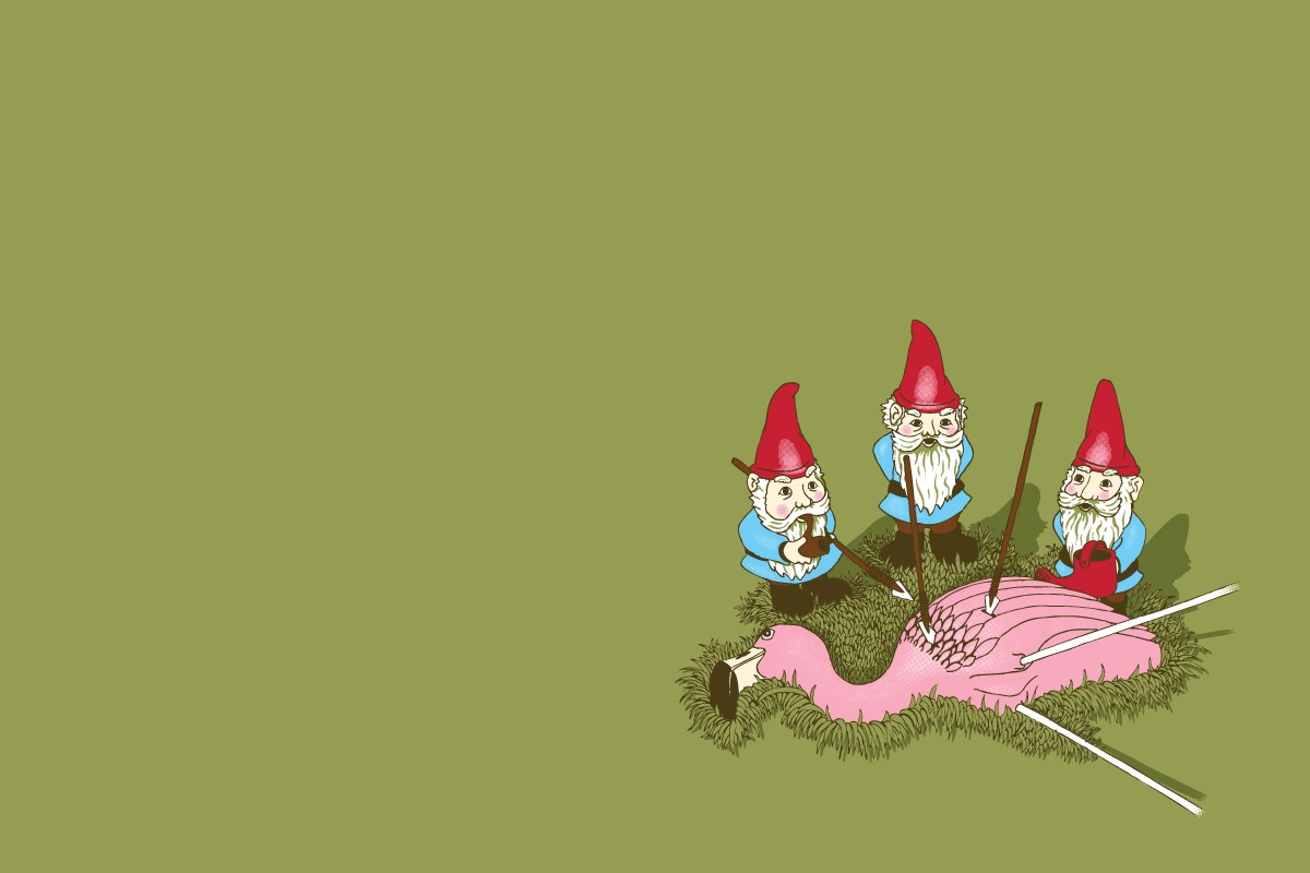 Three gnomes surround a dead flamingo HD Wallpaper