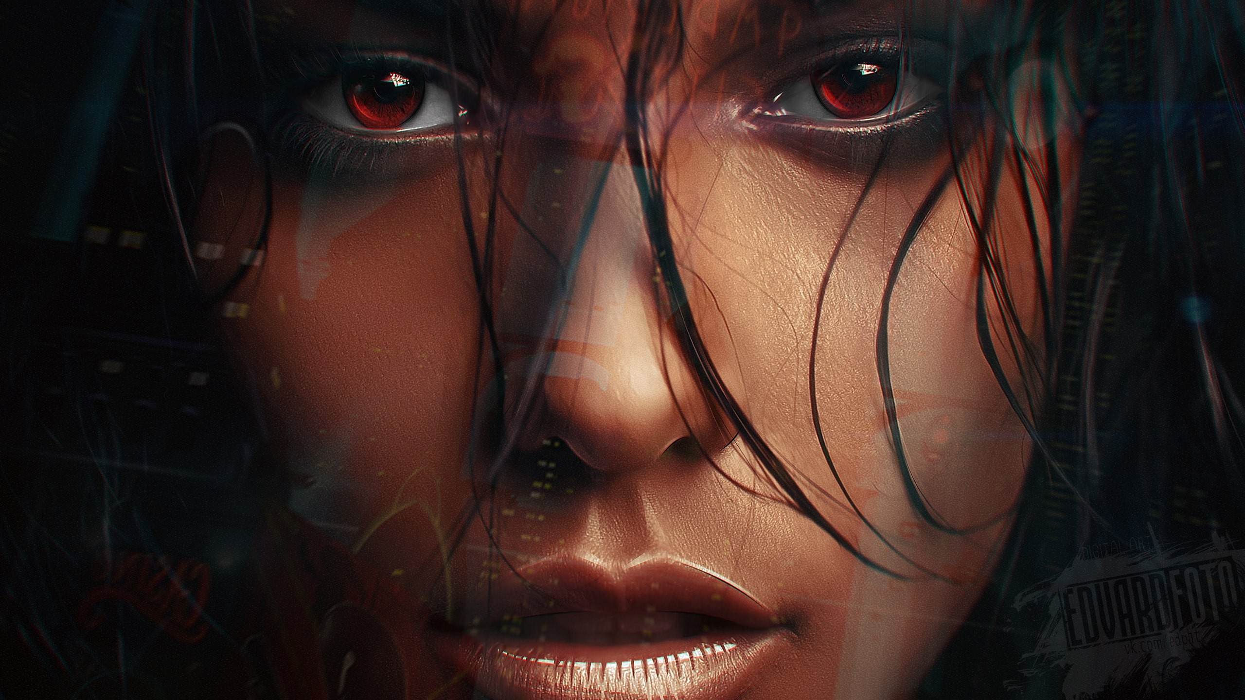 Digital art portrait of a woman with red eyes HD Wallpaper