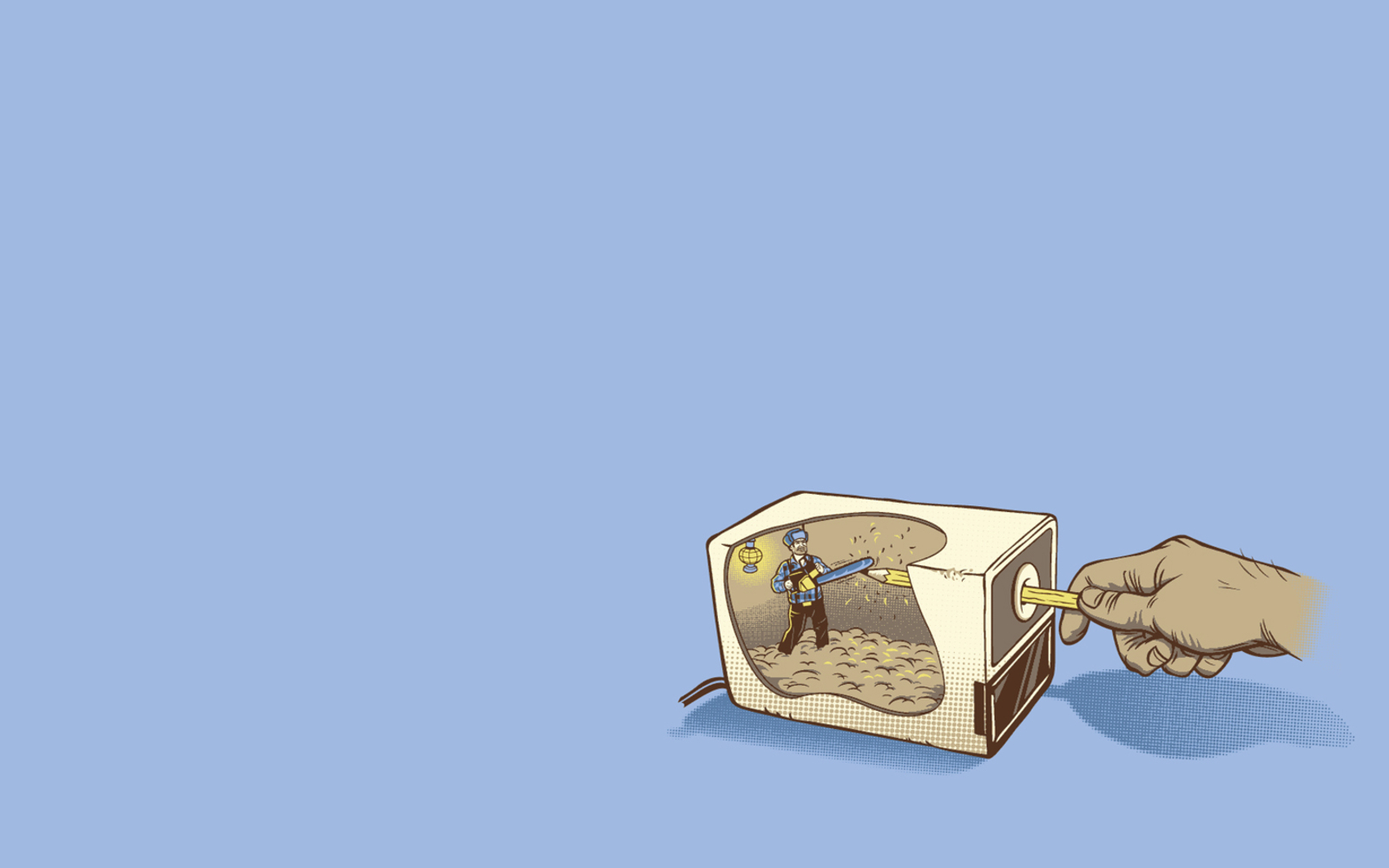 Man sharpens pencil with chainsaw inside a pencil sharpener HD Wallpaper