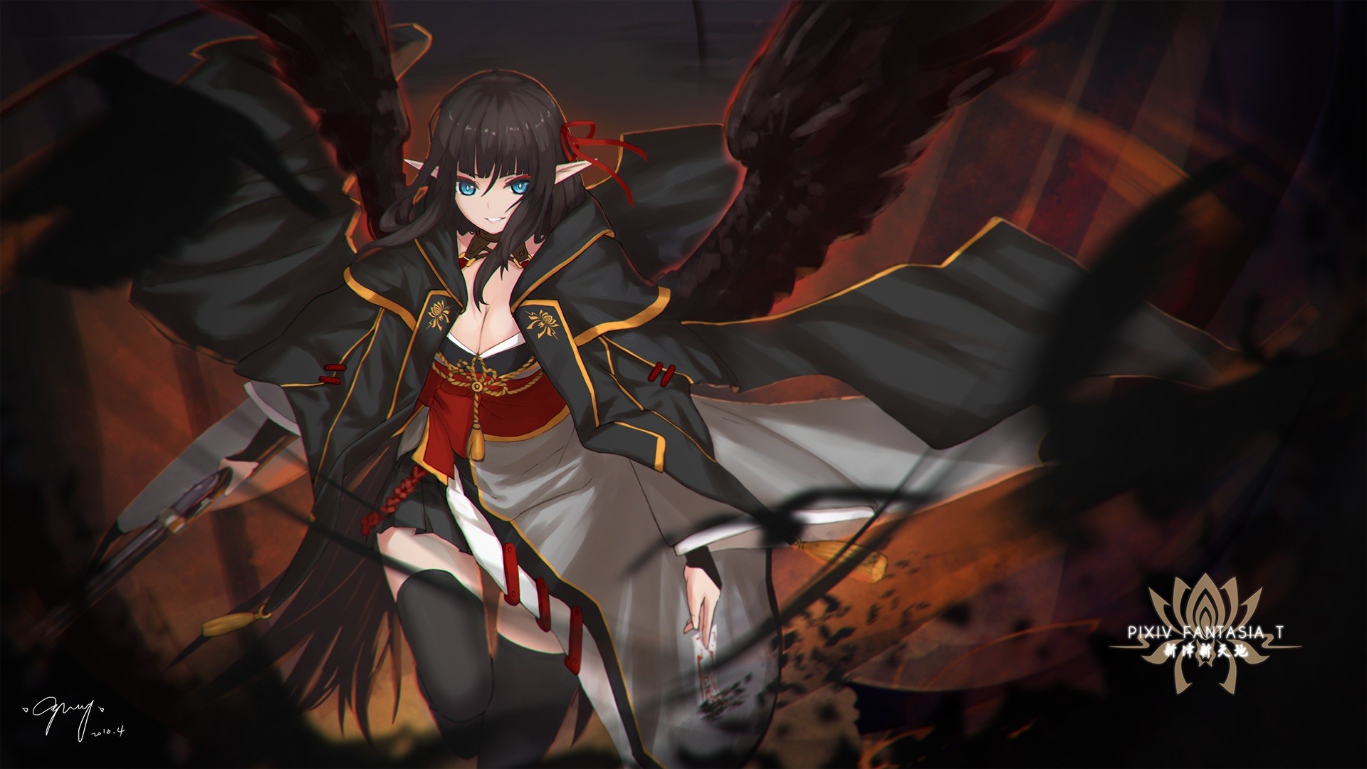 Pixiv Fantasia T Anime Girl with Black Wings HD Wallpaper