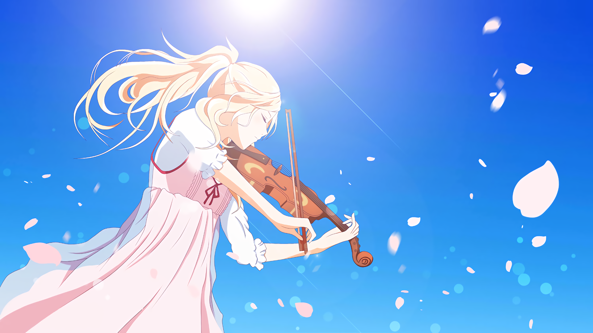 Miyazono Kaori playing the violin under the sun HD Wallpaper