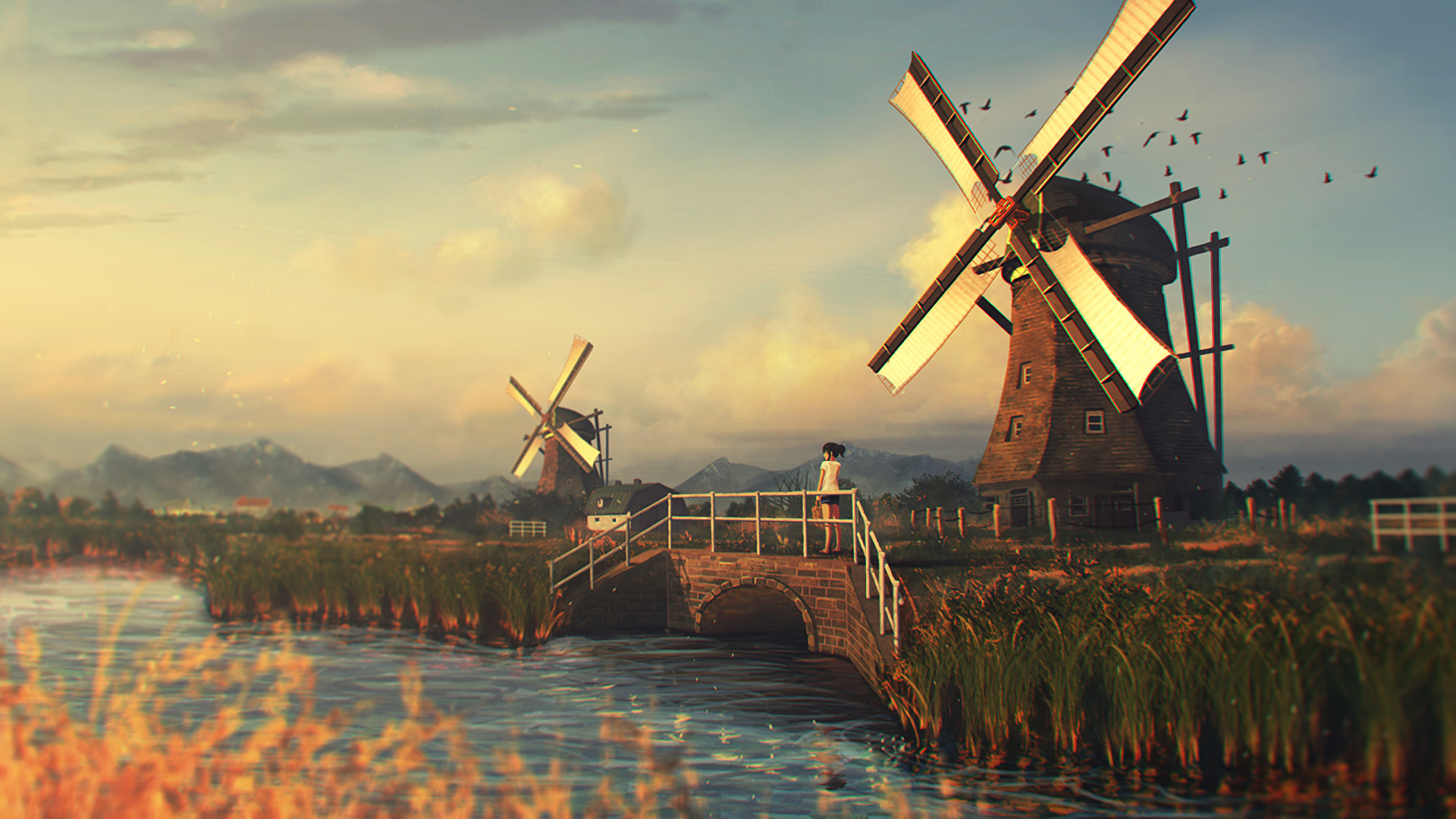 Anime artwork of windmills and a girl by a river HD Wallpaper