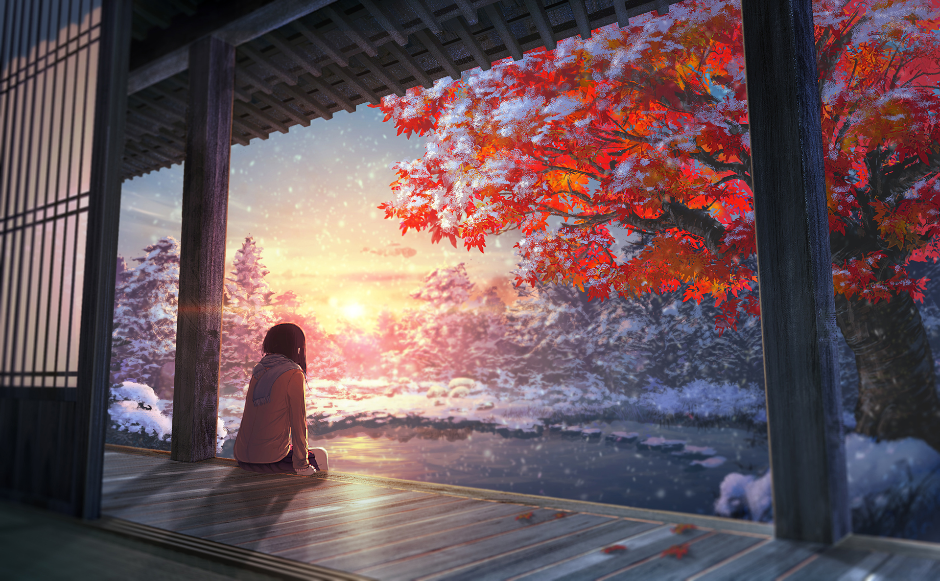 Anime girl sitting on a porch in winter HD Wallpaper