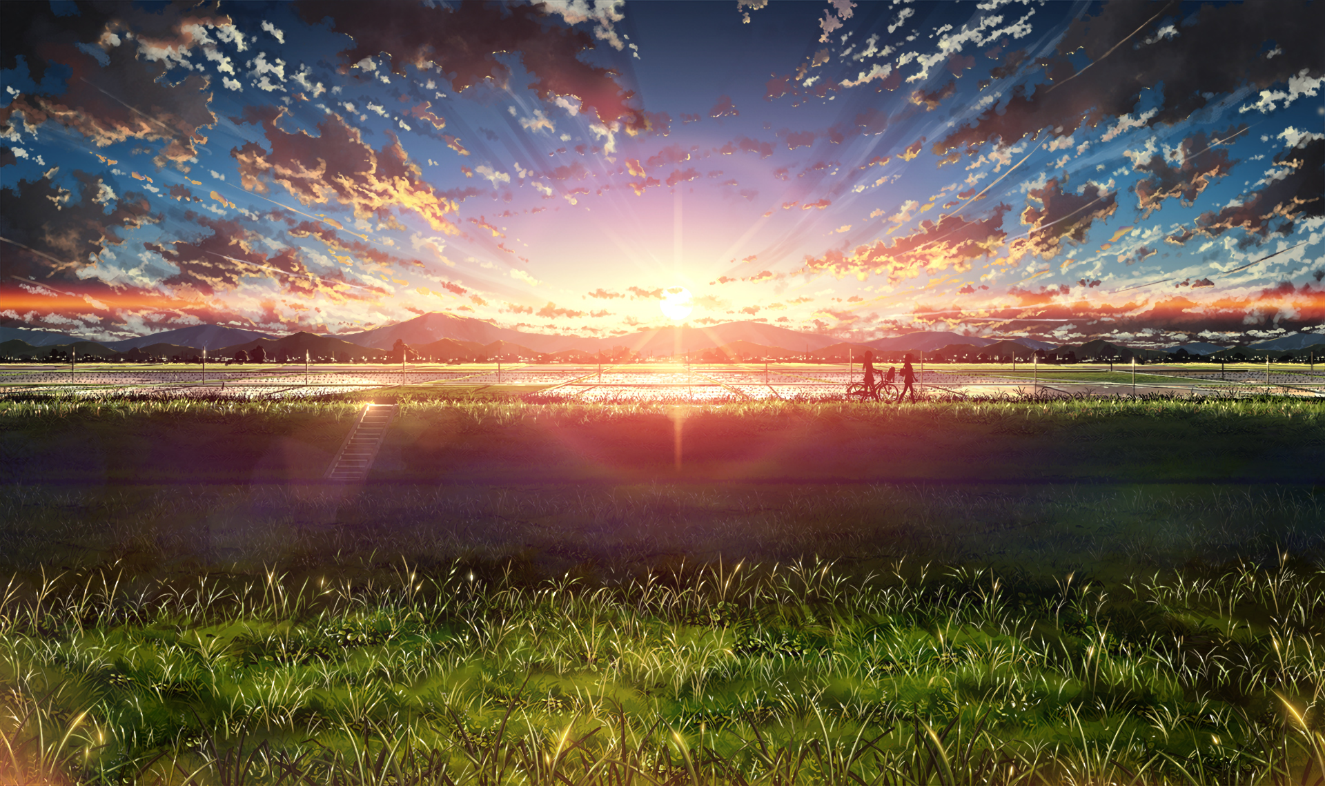 Anime landscape with sunset and clouds HD Wallpaper
