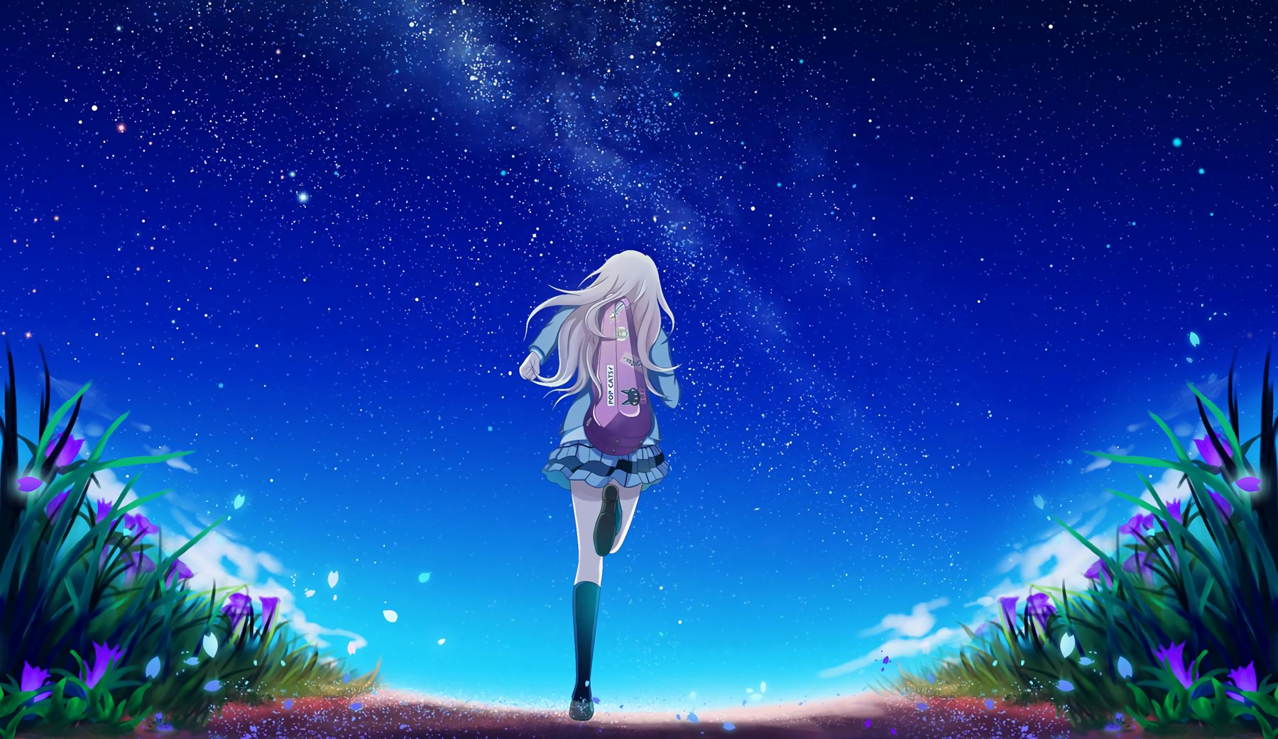 Kaori Miyazono running under the starry sky HD Wallpaper