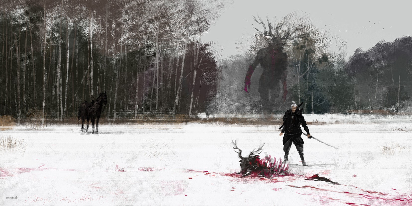 The Witcher 3: Geralt of Rivia faces a monster in the snow HD Wallpaper