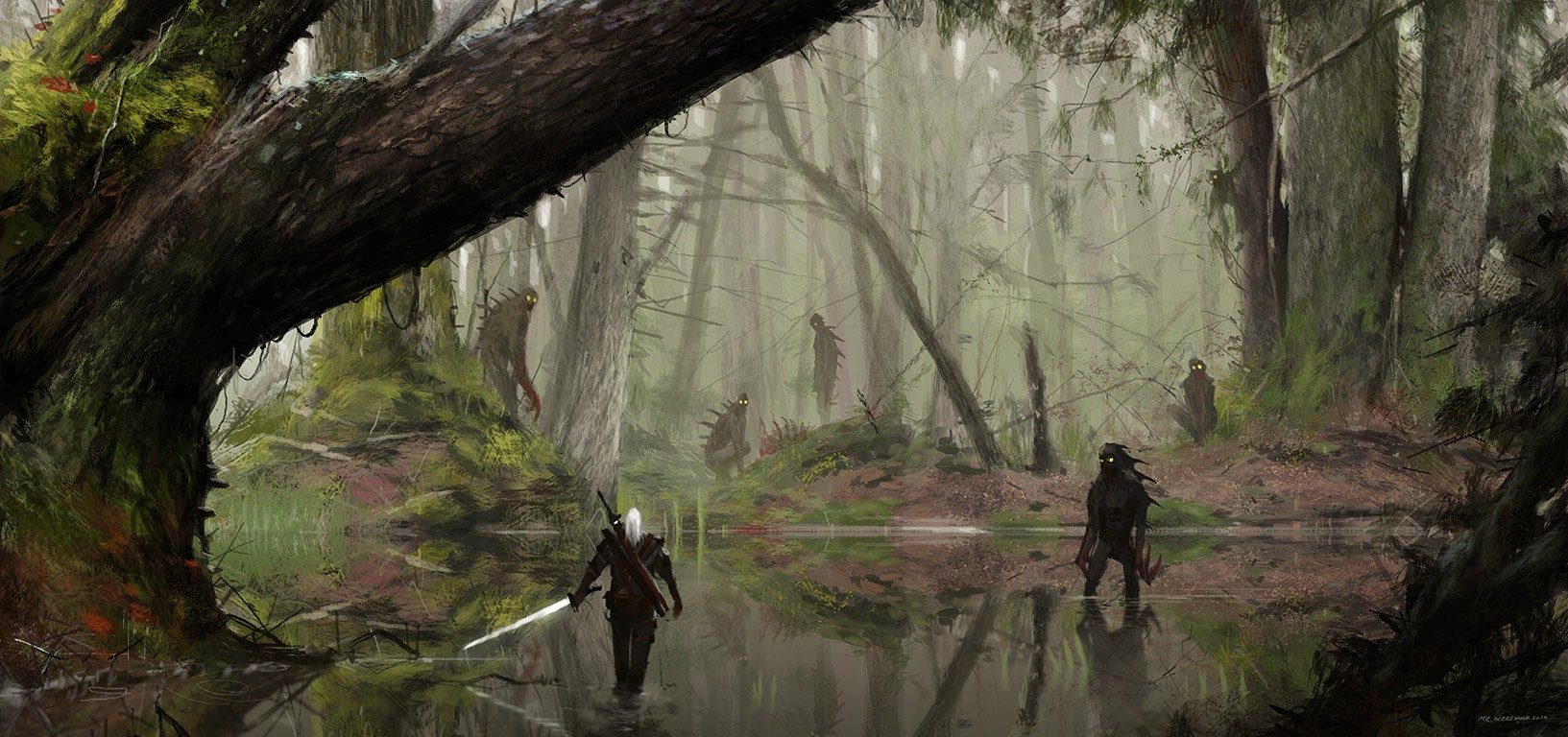 Geralt of Rivia in a swamp with monsters HD Wallpaper