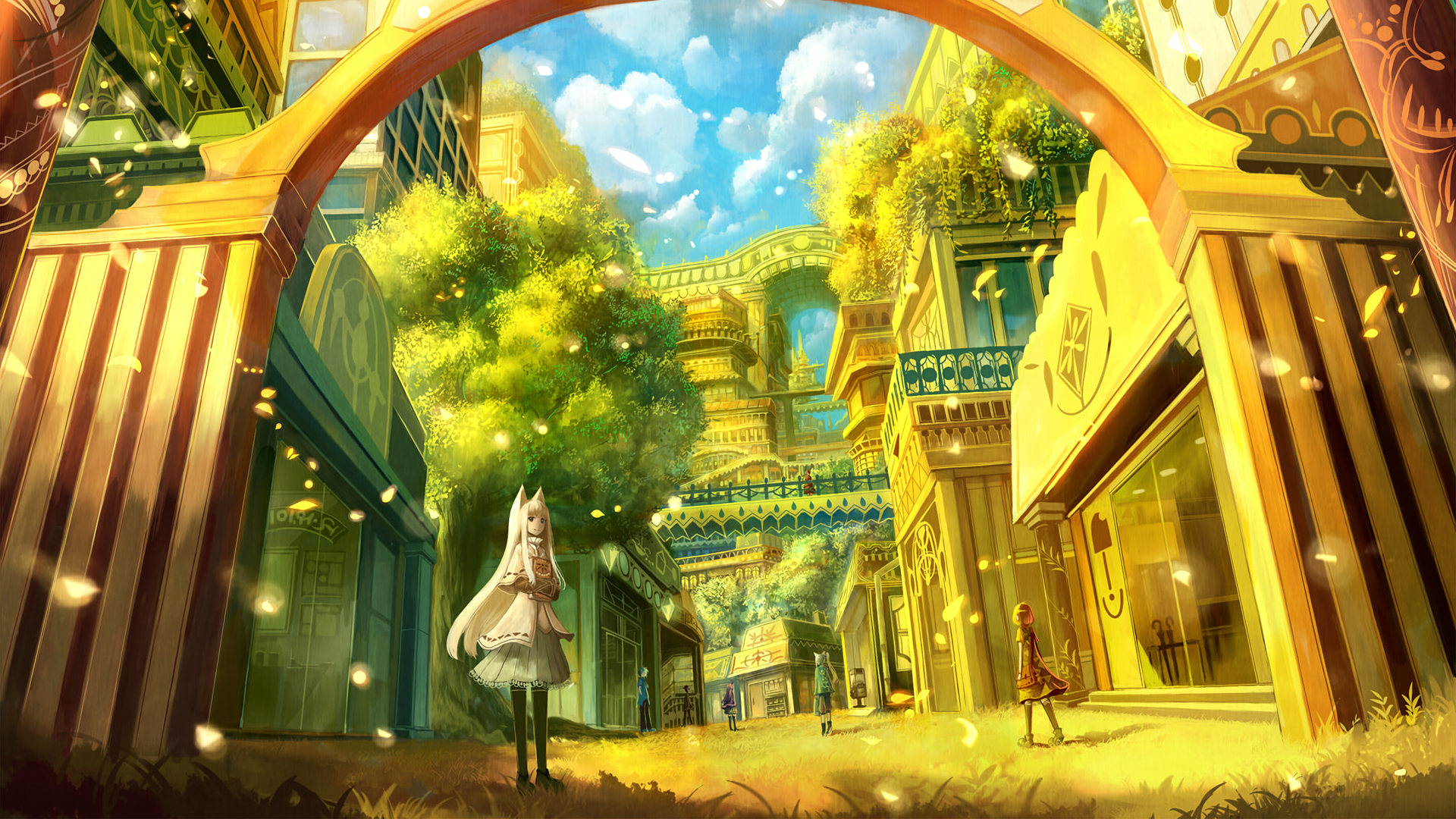 Anime girl with animal ears in a fantasy city HD Wallpaper